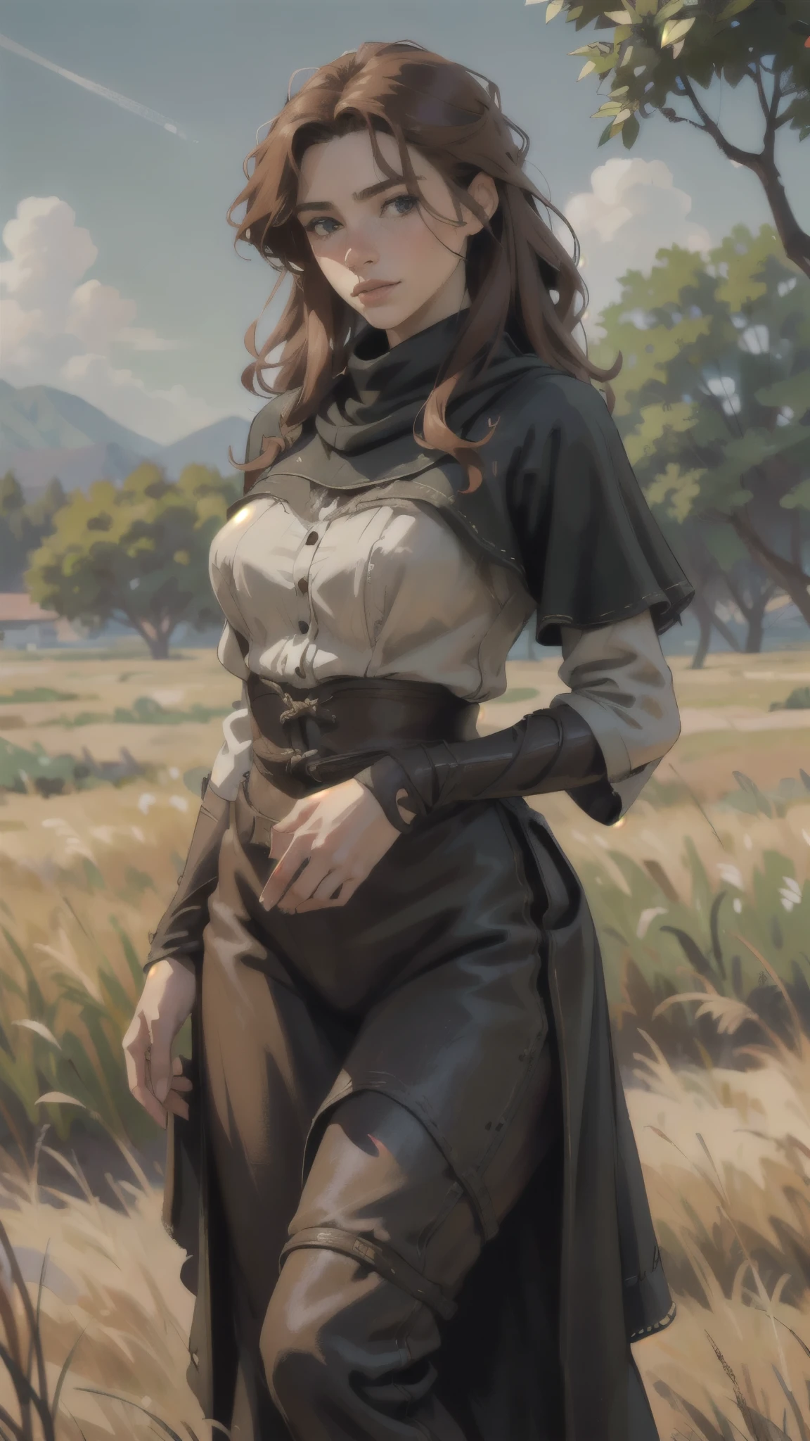 (best quality,4k,8k,highres,masterpiece:1.2),ultra-detailed,(realistic,photorealistic,photo-realistic:1.37),beautiful woman,black poncho,grass field,red curly hair,cute freckles,expressive eyes,soft smile,natural beauty,long grass,gentle breeze,warm sunlight,wavy hairstyle,ethereal atmosphere,vibrant colors,playful pose,sun-kissed skin,bokeh,seamless integration of the woman and the landscape,picturesque scenery,delicate details,harmonious composition,serene mood,wonder in her eyes,graceful movement