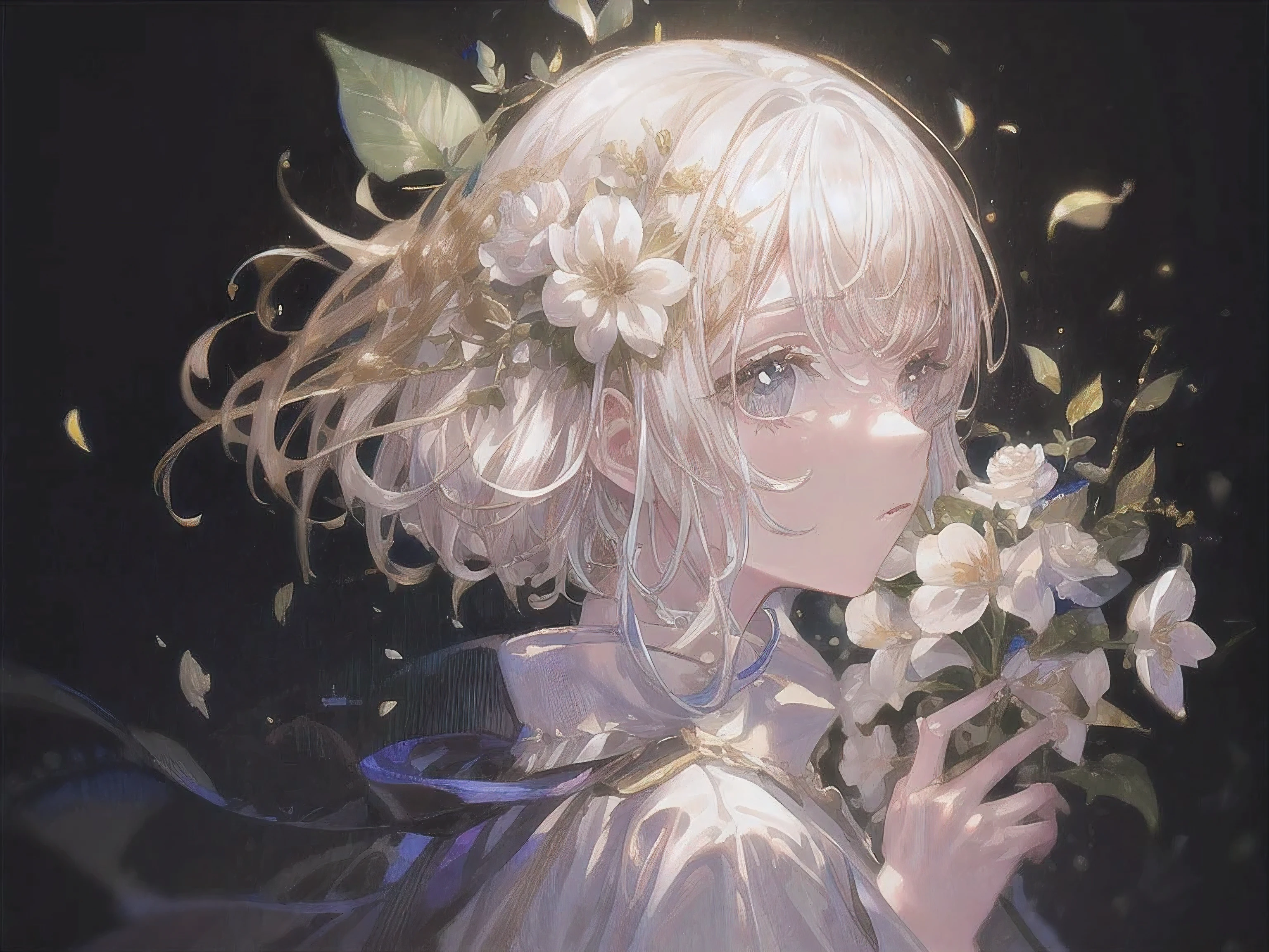 White hair,gold,leaf,flowers,brillant,Soft brushstrokes,Aesthetic,masterpiece