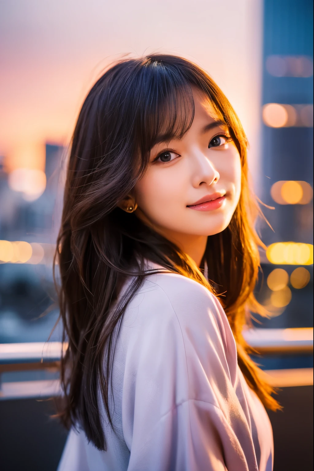 Beautiful brunette supermodel woman, Hair with subtle highlights, Iris, Mixed Media, sexy,Background of the Japan cityscape,Bright kimono , The liquid color runs down her face, sunset,
