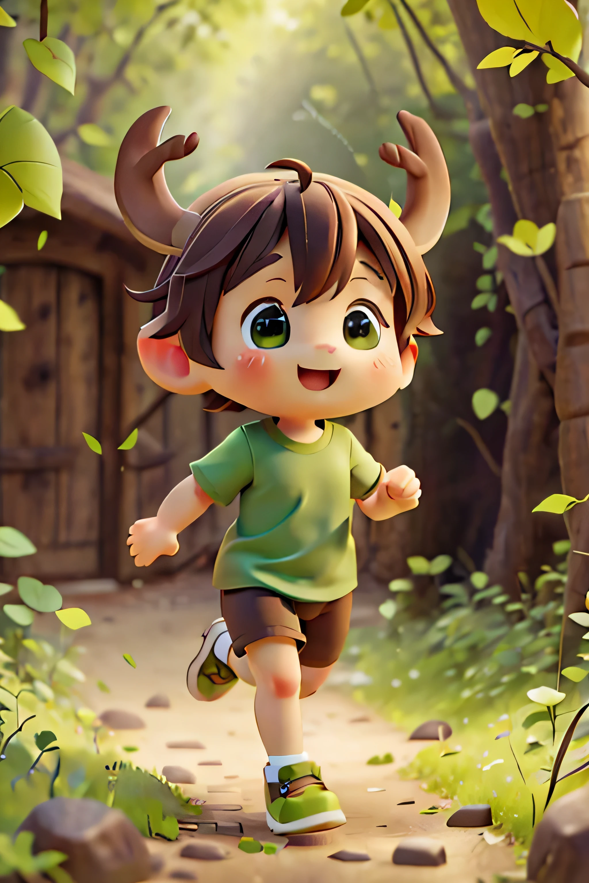  deer, cute, cheerful, wearing a green t-shirt, wearing running shoes, running happily, with no background.