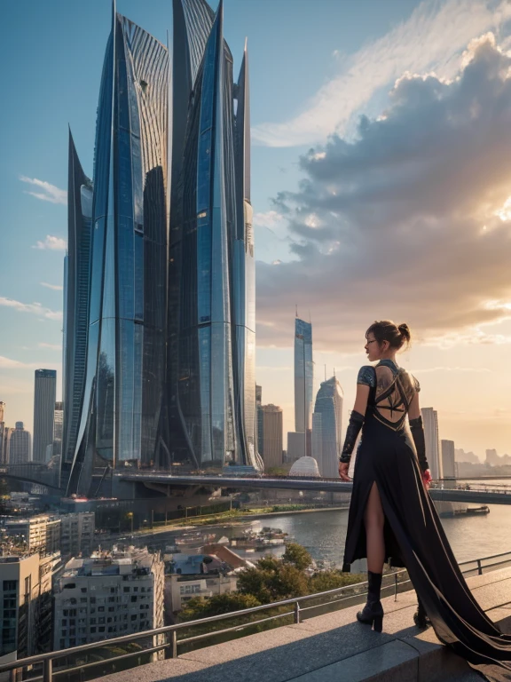 (8k unit wallpaper CG extremely detailed, masterpiece, best quality, ultra-detailed), (((solo)))), ((extremely wide shot:1.15)), a Shailene Woodley on a bridge looking at a scifi city in the distance in the background, ((back view)), ((full body)), (high detail), (intricate details), intricate, magnificent scene, detailed environment, highly detailed environment, illustrator, (masterpiece).