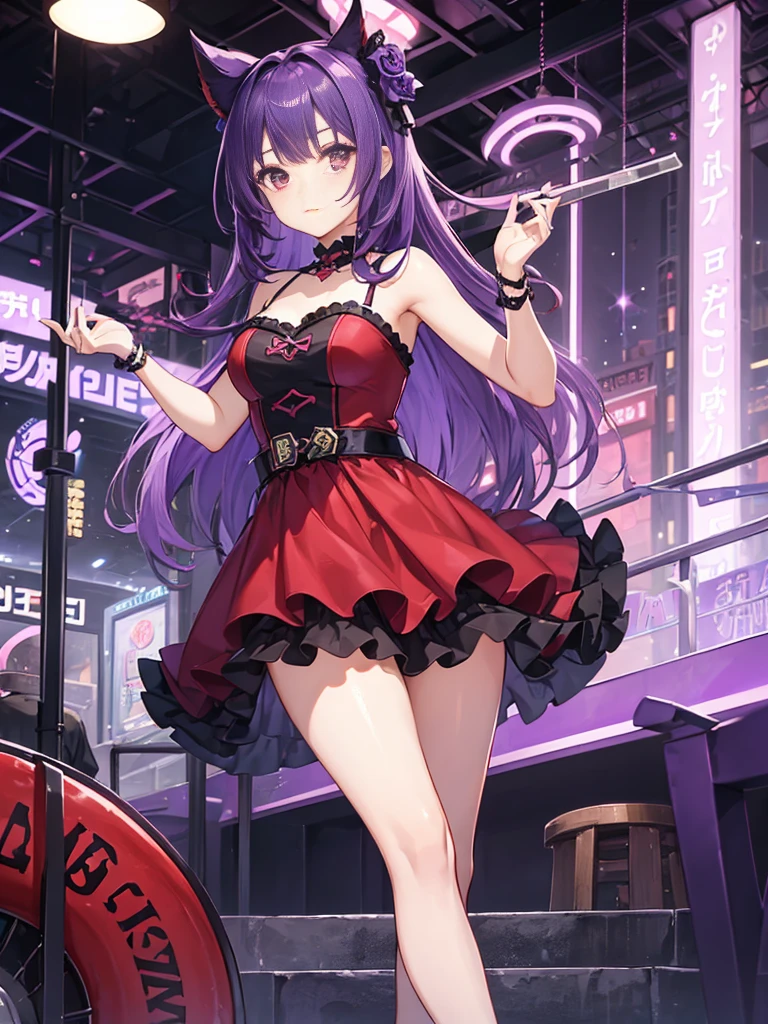 ((a girl)), ((violet hair)), ((medium hair)), red eyes, ((idol costume)), ((tube dress)), high quality