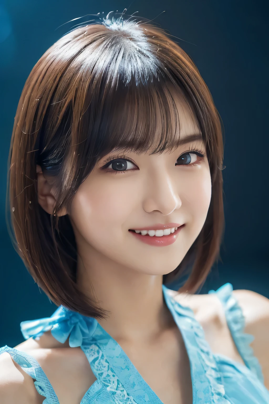 1 female, (Wearing a light blue idol costume:1.2), Very beautiful Japanese idol portraits,
(RAW Photos, highest quality), (Realistic, Photorealistic:1.4), (masterpiece),
Very delicate and beautiful, Very detailed, 2k wallpaper, wonderful, finely, very detailed CG Unity 8k wallpaper, Very detailed, High resolution, Soft Light,
Beautiful detailed girl, Very detailed目と顔, Beautiful and detailed nose, finely beautiful eyes, Cinema Lighting,
(Simple background in bright colors:1.3),
(short hair),
Complete Anatomy, Slender body, Small breasts, smile