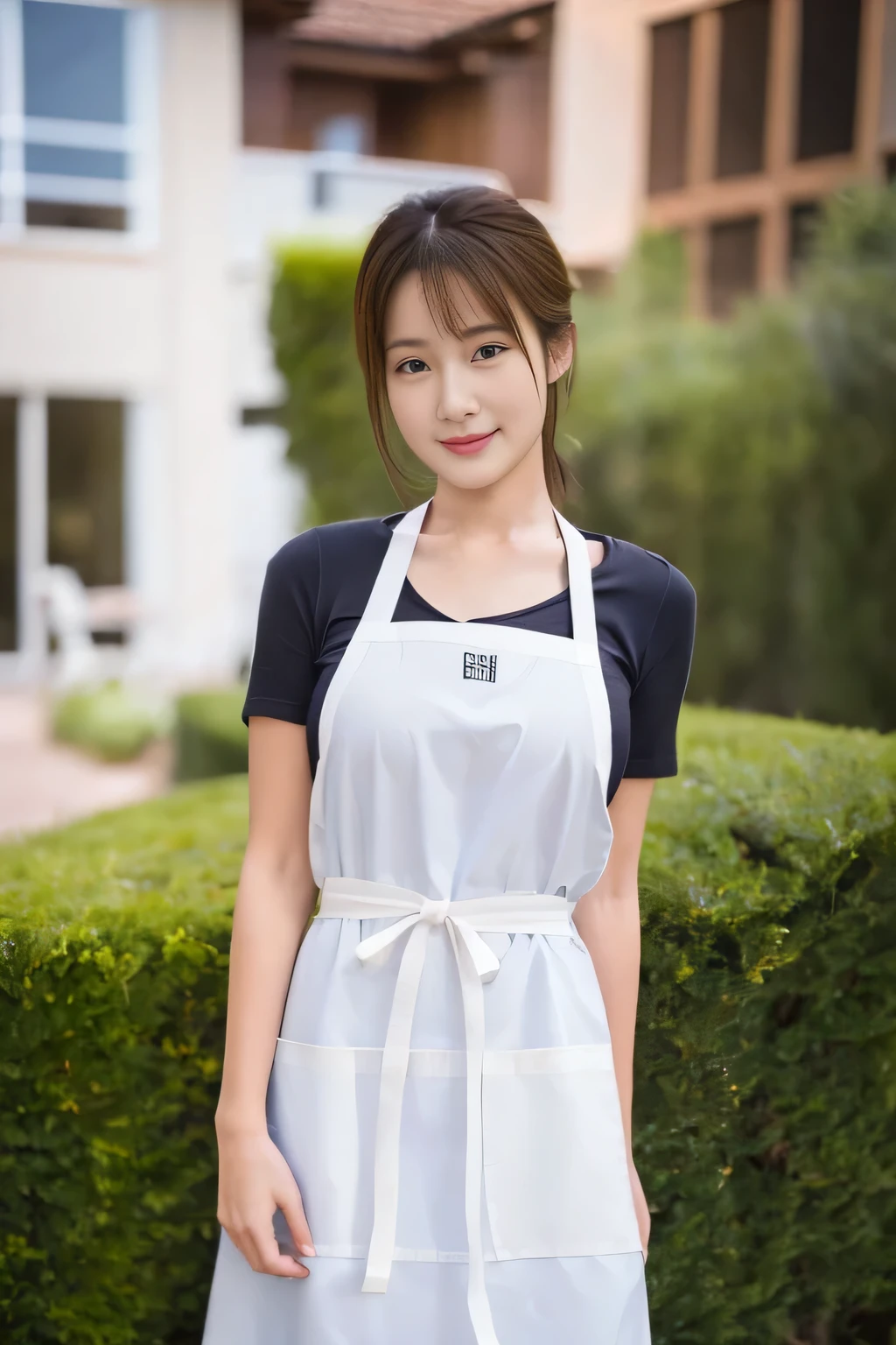 highest quality,masterpiece,Ultra-high resolution, (Realistic:1.4), girl, 18-year-old, (Firm breasts:1.2), (Slim face:1.2, Narrow waist, Thin legs), Charm, look at each other, Dynamic Shot, (Black Choker) , (bangs), Blue Eyes, smile, Big Breasts, ((Naked Apron, Work Apron))、very long eyelashes, ((Skyscraper district)), (Nipples:-1), No sleeve、Photographed from diagonally in front、slender face、Slim face