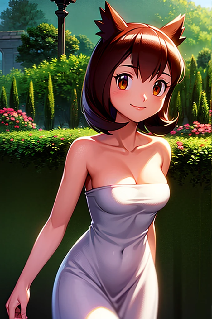 masterpiece, best quality, ultra-detailed, illustration, beautiful detailed eyes, very detailed illustration, cinematic lighting, 1 girl, solo, Pokemon Heroes (Bianca), Brown Hair, brown eyes, bare shoulders, strapless, off shoulders, white ruffle off the shoulder maxi dress, intricate details, sharp focus, high resolution, the background of beautiful garden with rose bushes, on a beautiful night, crescent moon, smile, standing near a lake, arms behind back, anime style, ultra-detailed, hdr, far at the bottom, in the center, Close up