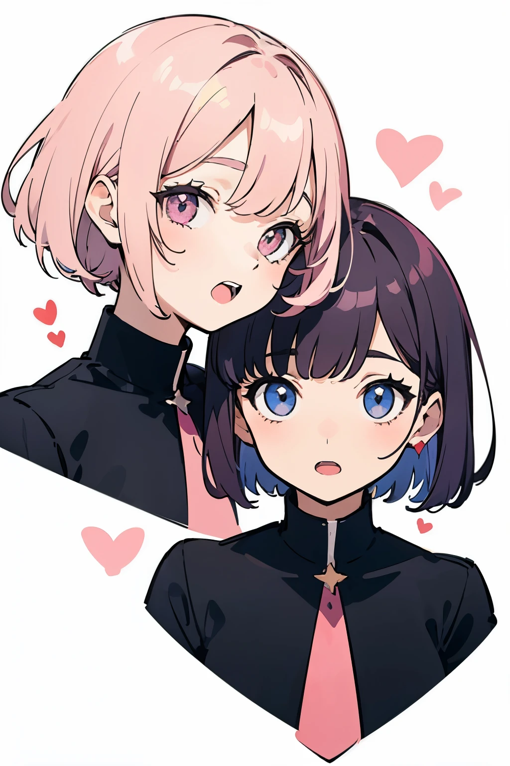 2 girls, 2 people. black and pink hair, long and short hair, in a high , whitebackground, upper-body, Big Faces, look at the viewer, with admiration, with stars and hearts in the eyes, open mouths