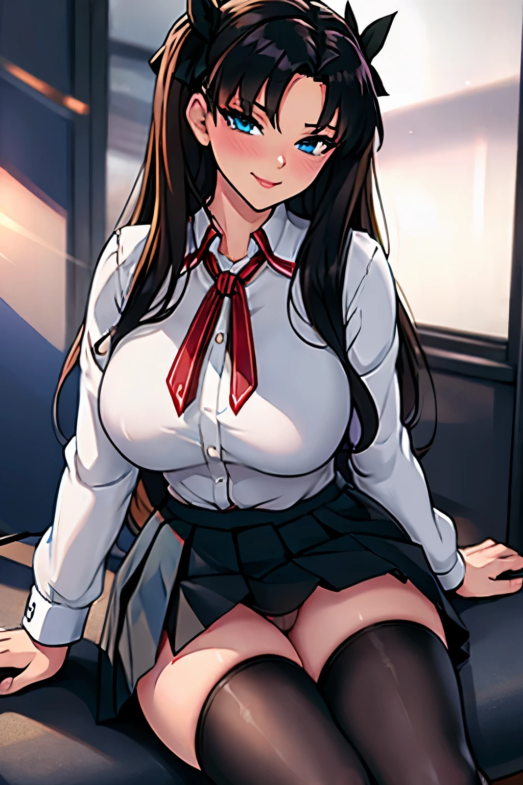 (​Masterpiece), (top quality), natural lights, ,(realistic:1.5), Rin Tohsaka, red tube top, black pleated skirt, tight stockings up to the middle of the leg, blue eyes, mischievous smile, light blush, sexy pose, listing skirt, looking at viewer, eye contact, detailed empty classroom in background, seductive_pose, sit on a desk, big breasts, big hips, high saturation, precise hands, bright eyes, ultra-definition, superior resolution, soft lightning