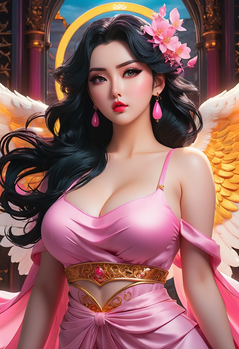 In a mesmerizingly portrayal, thick women busty, a glam-goth goddess angel her Age 28, clean skin,her figure is curvy and well proportional, midriff, pink, trending on cgsociety, epic, trending on artstation, highly detailed, vibrant, production cinematic character render, ultra-high-quality model, golden ratio manhwa, manhua, background mysterious, does not produce same dress ,image when remixed.