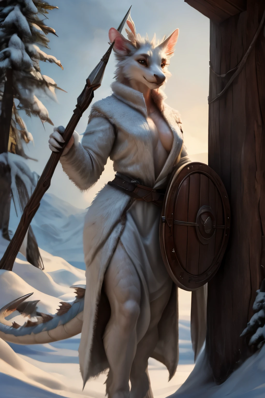 Portrait of a sexy character, adult, (female:1.4), (Anthro:1.2), The Dragon, female, Winter Fur White Clothing, white fur, fur coat, bare chest, standingчие соски, unshaven pubis, hairy pubis, spear and shield in hands, helmet, red horns, photorealism, soft shading, Getting to know , (A detailed eye:1.1), beautiful eyes, (masterpiece:1.2), Detailed Face,  good anatomy, Detailed scales, 1tail, tail, cinematic lighting, ultradetailed, professional photography, HDR, ........3D, realistic, cinematic, realistic, hyper detailed, max detail, Volumetric light, Author: subtract , Ross Tran, Michael & Inessa Garmash, Pinot Daeni, from Ruanjia, One, (realistic scale, scale, realistic texture scale:1), Detailed background, Фотоrealistic, гиперrealistic, standing, exteriors, winter forest,