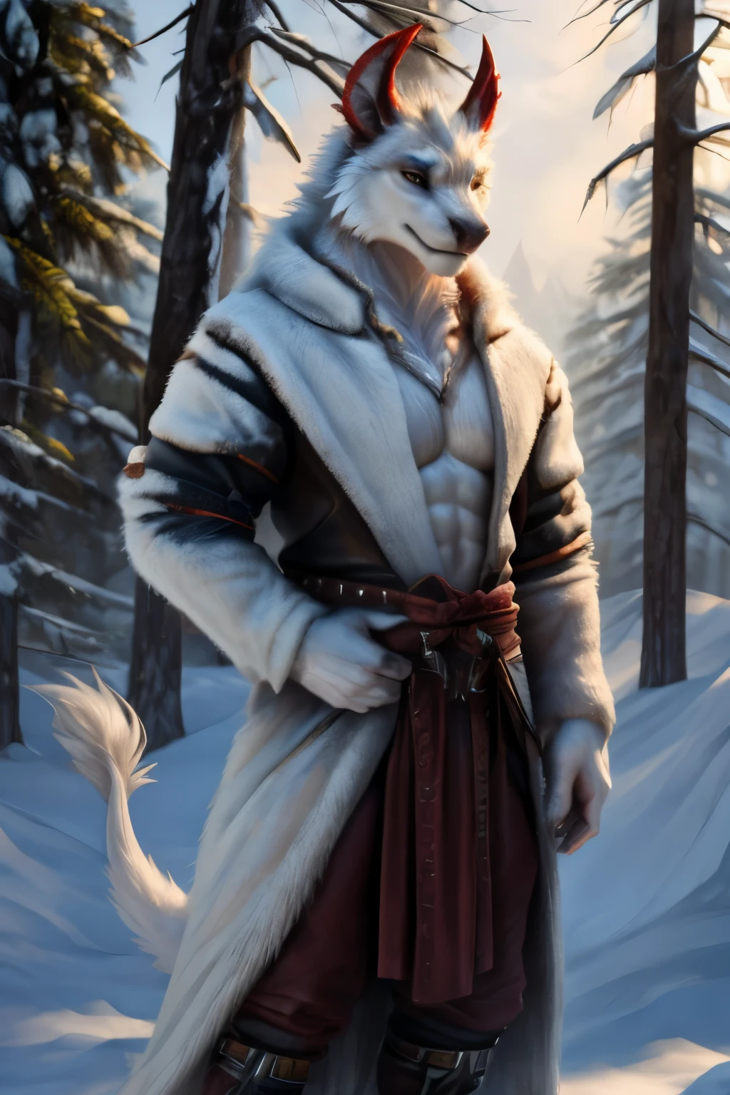 Portrait of a sexy character, adult, (female:1.4), (Anthro:1.2), The Dragon, female, Winter Fur White Clothing, white fur, fur coat, bare chest, standingчие соски, unshaven pubis, hairy pubis, spear and shield in hands, helmet, red horns, photorealism, soft shading, Getting to know , (A detailed eye:1.1), beautiful eyes, (masterpiece:1.2), Detailed Face,  good anatomy, Detailed scales, 1tail, tail, cinematic lighting, ultradetailed, professional photography, HDR, ........3D, realistic, cinematic, realistic, hyper detailed, max detail, Volumetric light, Author: subtract , Ross Tran, Michael & Inessa Garmash, Pinot Daeni, from Ruanjia, One, (realistic scale, scale, realistic texture scale:1), Detailed background, Фотоrealistic, гиперrealistic, standing, exteriors, winter forest,