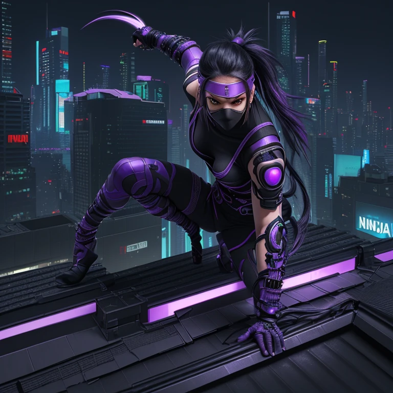 Ninja,wearing cyber clothes,Purplish black,jump slash,fighting,On the roof of the building,cyberpunk city,Highly detailed images