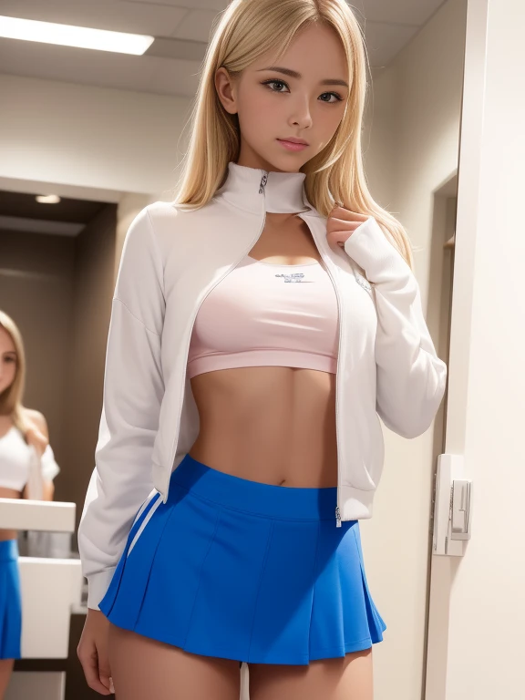 Masseter region, highest quality, ((Real Model Shots)), 8K quality, ((3 people)), Very delicate and beautiful, growing up, Official art with attention to detail, (pretty girl), (petite beautiful girl), (Nordic beauty), ((Perfect female figure)), ((Sweaty)), ((Soaking wet)), blonde, (((Tennis Player))), pink tennis uniform, (Women&#39;s locker room), smile,F cup bust,(Taking off your uniform),Wet Hair,Wet body,Panties are visible,Nipples are visible