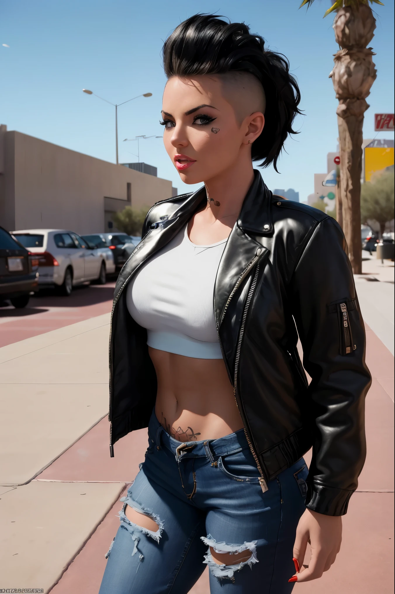 film photo ChristyMackQuiron woman, peinado Mohawk, mohawk hair, black hair, pelo negro, realista, a woman Shot putwearing a crop top and tight jeans walking on Las Vegas, short crop top, ahort black leather jacket, chaqueta de cuero negro corta, vaqueros apretados, heels, tacones , de buen tono, 35mm photography, Movie, bokeh, profesional, 4k, muy detallado, Las Vegas