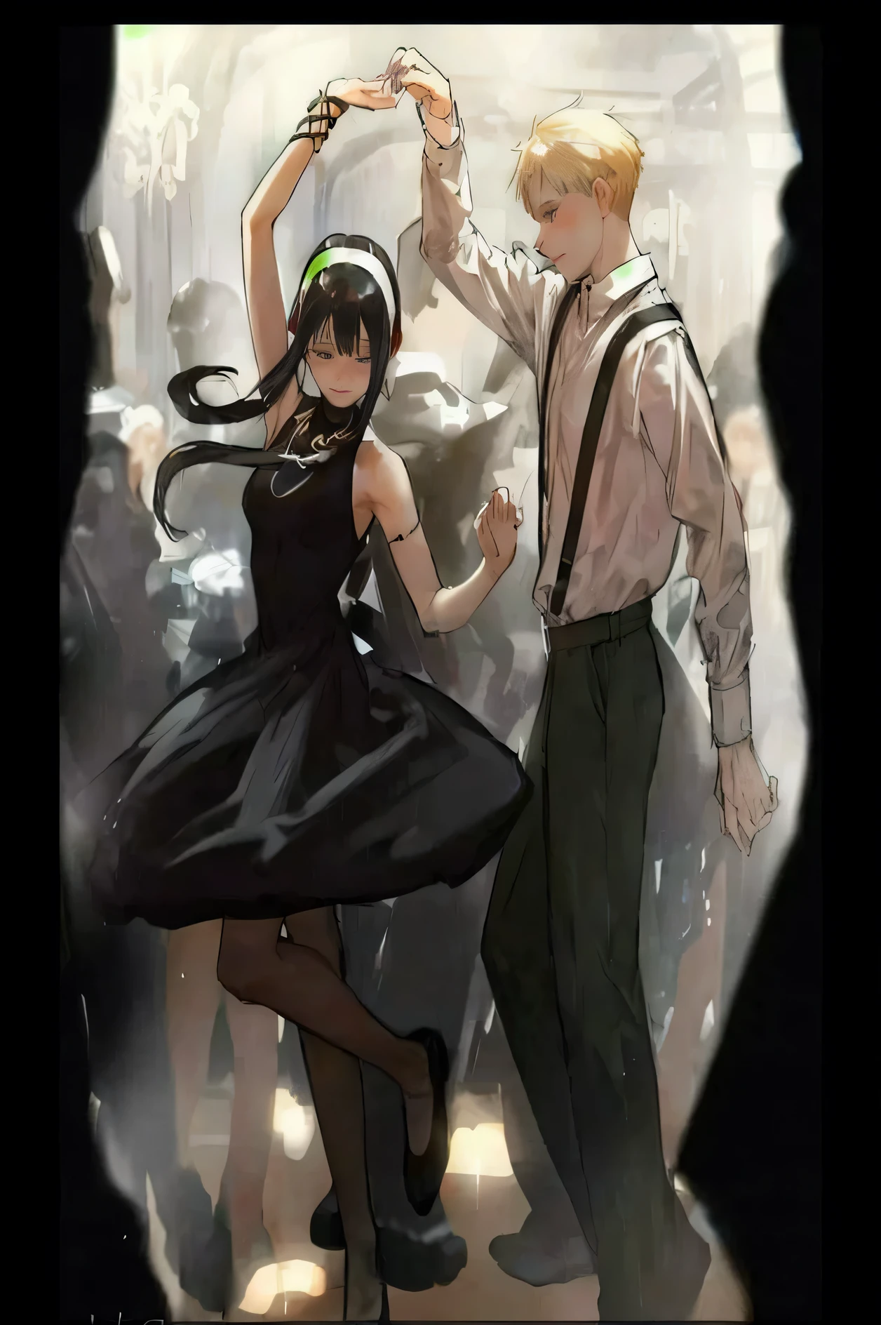 (absurdres, highres, ultra detailed), (cinematic), (UHD), 2others, couple, 1boy with 1girl, mature, (Height difference1.3), different hair color, happy, love, (hug), upper body, messy long hair girl, blonde and black hair, fantasy, spring, garden, closed mouth, (cinematic, best quality, UHD), ((oil painting)), ((official art)), ((pop art))profile, simple hut, detailed face, (extremely detailed eyes), hinata/(boruto/), uzumaki naruto, blue eyes boy, purple eyes girl, long hair girl, short hair boy