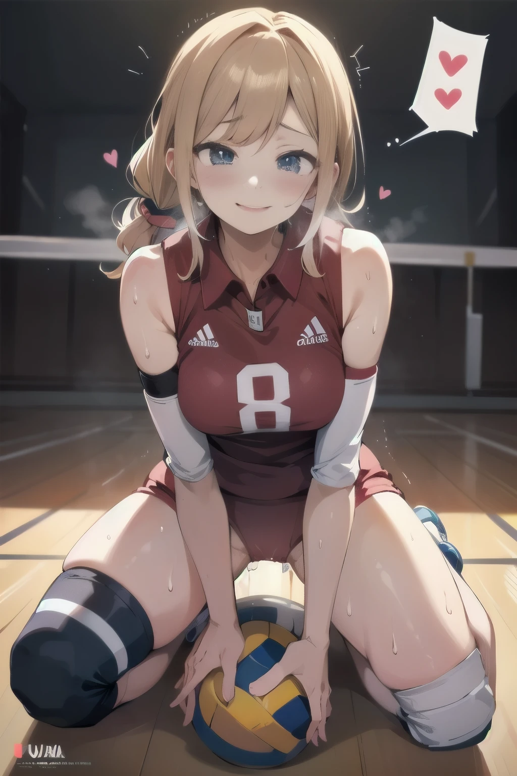 unity 8k wallpaper, anatomically correct, (((masterpiece))), (((best quality))), (((ultra detailed))), (((high-resolution))), ((Ultimate cutie)), perfect hands, perfect finger, (((good anatomy))), detailed beautiful face, shiny hair, (((gyaru))), (potbelly), (curvy), medium breasts, ((Thick thighs)), (((solo))), ((seductive smile)), (((blush))), ((embarrassed expression)), (Eyes are heart marks), (heart shaped pupils), ((trembling)),
BREAK, (((sit astride the perfectly spherical shape 6-inch volleyball))), (((Straddling a perfectly spherical 6" volleyball))), (((Perfectly spherical 6" volleyball fits perfectly crotch))), BREAK, (((Rub the Perfectly spherical 6" volleyball against crotch))), (masturbation),
BREAK, adidas, (Collared volleyball uniforms), sleeveless, ((buruma)), ((kneepad)), ((pussy juice stained)), (elbow pad), (((sweat))), (((covered in sweat))), ((deep breathing)), in Volleyball Court, indoor, lighting, looking at viewer, full body, (spoken heart)