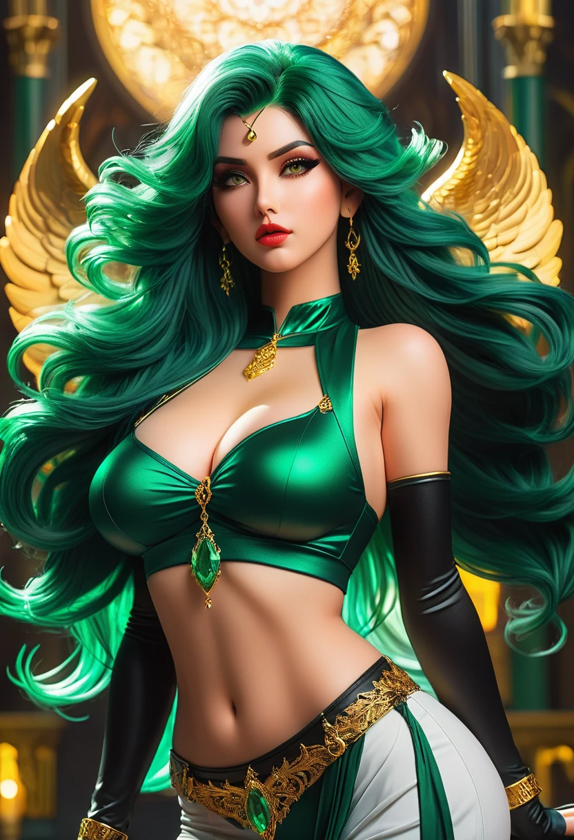 In a mesmerizingly portrayal, thick women busty, a glam-goth goddess angel her Age 28, clean skin,emerald hair, midriff, standing, trending on cgsociety, epic, trending on artstation, highly detailed, vibrant, production cinematic character render, ultra-high-quality model, golden ratio manhwa, manhua, background mysterious, does not produce same pose when remixed.