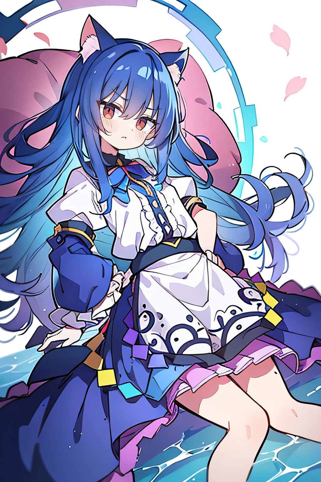 (Masterpiece), best quality, expressive eyes, perfect face, 1girl,
Put your hands on your waist, fair, gorgeous, Japanese comics, girl, Lola, young angel, blue hair, blue hair, flowing clothes, hug the waist, hug the waist, hands on hips, hands on hips, lay down , lying on the ground, legs on the ground, flat chest, cat ears,Petals fall,dark blue eyes,