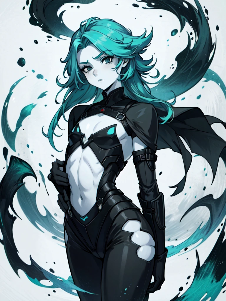 femboy, male, curvy, flat chest, male chest, 1boy, solo, wide hips, bulge, sickly teal hair, eldritch humanoid, completely black eyes, pale skin, pale blue skin,