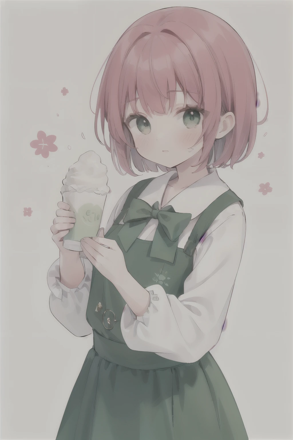 Young woman, Red hair, short hair, green bow, black eyes, green clothes, clothes with brown elements.