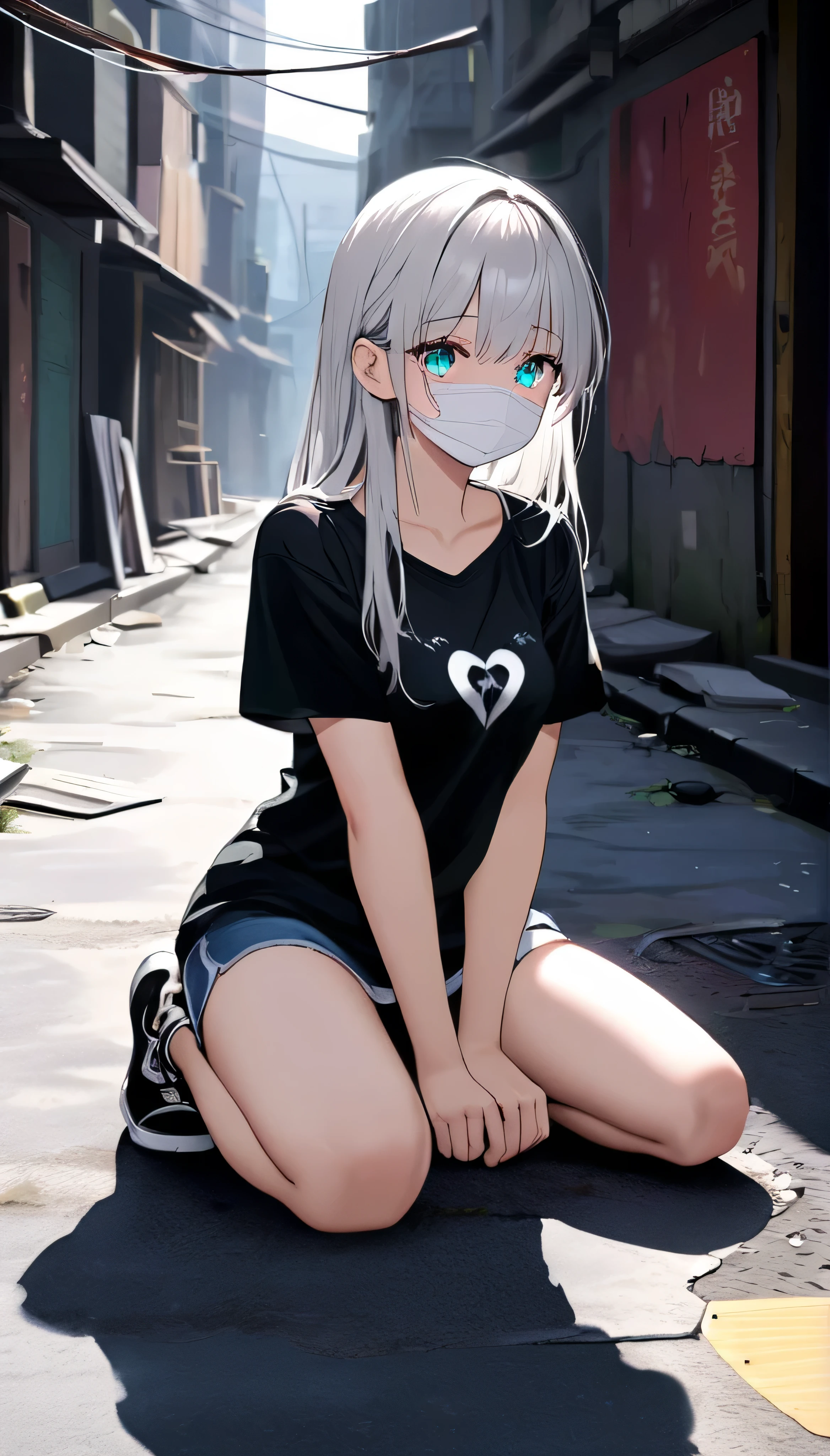 ((dark theme. full resolution. masterpiece. Full HD. very detailed. very detailed eyes. best quality.)) 1girl. young girl. very beautiful and cute girl. thin body. poor girl. longhair. white hair. charming bright aqua eyes. breasts. dirty t-shirt. oversized white T-shirt. kneel . tears. bandage on face. in a slum city alley. depth of field. best rendered CG
