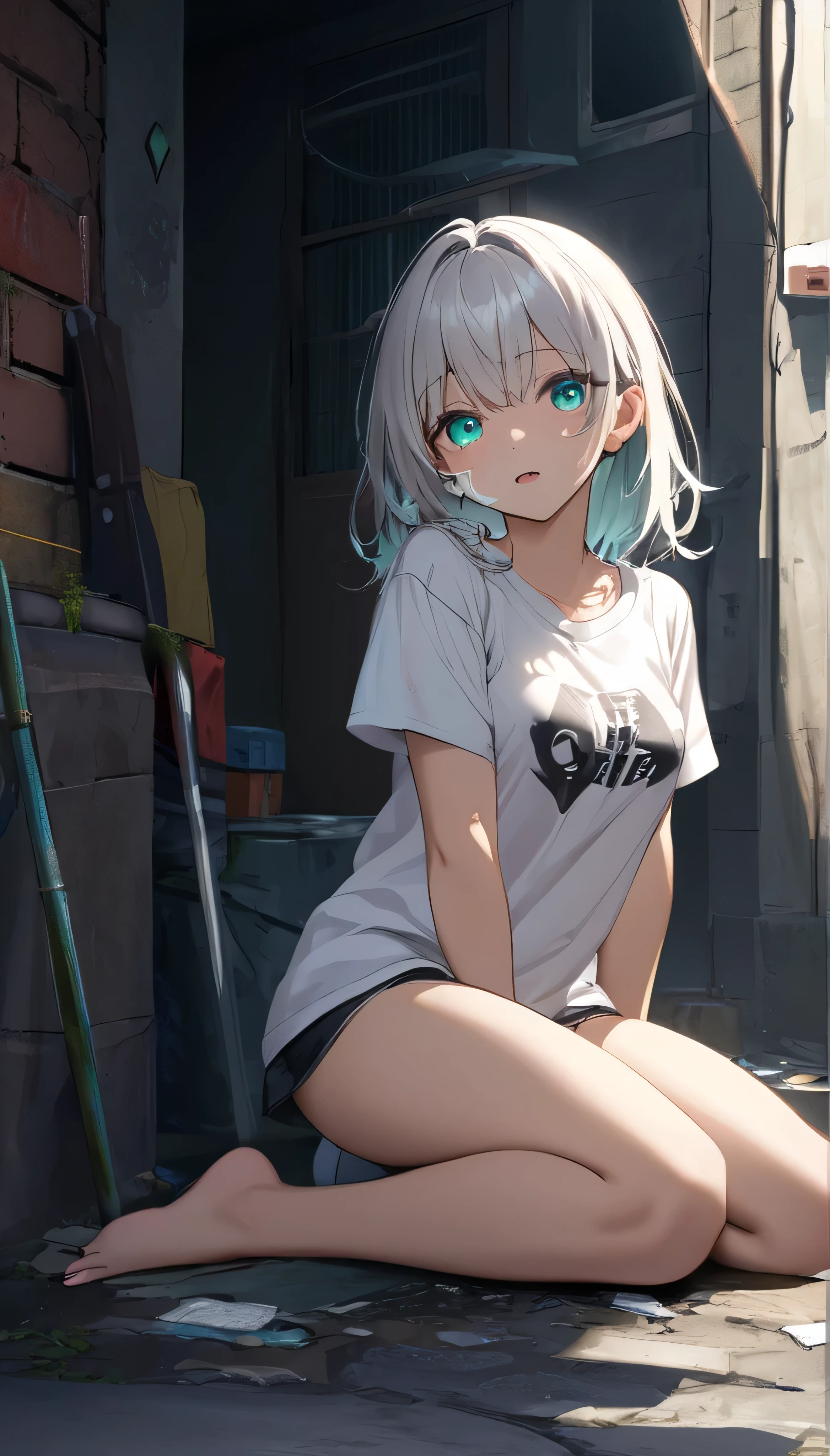 ((dark theme. full resolution. masterpiece. Full HD. very detailed. very detailed eyes. best quality.)) 1girl. young girl. very beautiful and cute girl. thin body. poor girl. longhair. white hair. charming bright aqua eyes. breasts. dirty t-shirt. oversized white T-shirt. kneel . tears. bandage on face. in a slum city alley. depth of field. best rendered CG
