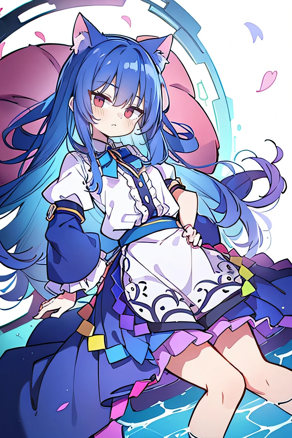 (Masterpiece), best quality, expressive eyes, perfect face, 1girl,
Put your hands on your waist, fair, gorgeous, Japanese comics, girl, Lola, young angel, blue hair, blue hair, flowing clothes, hug the waist, hug the waist, hands on hips, hands on hips, lay down , lying on the ground, legs on the ground, flat chest, cat ears,Petals fall,dark blue eyes,