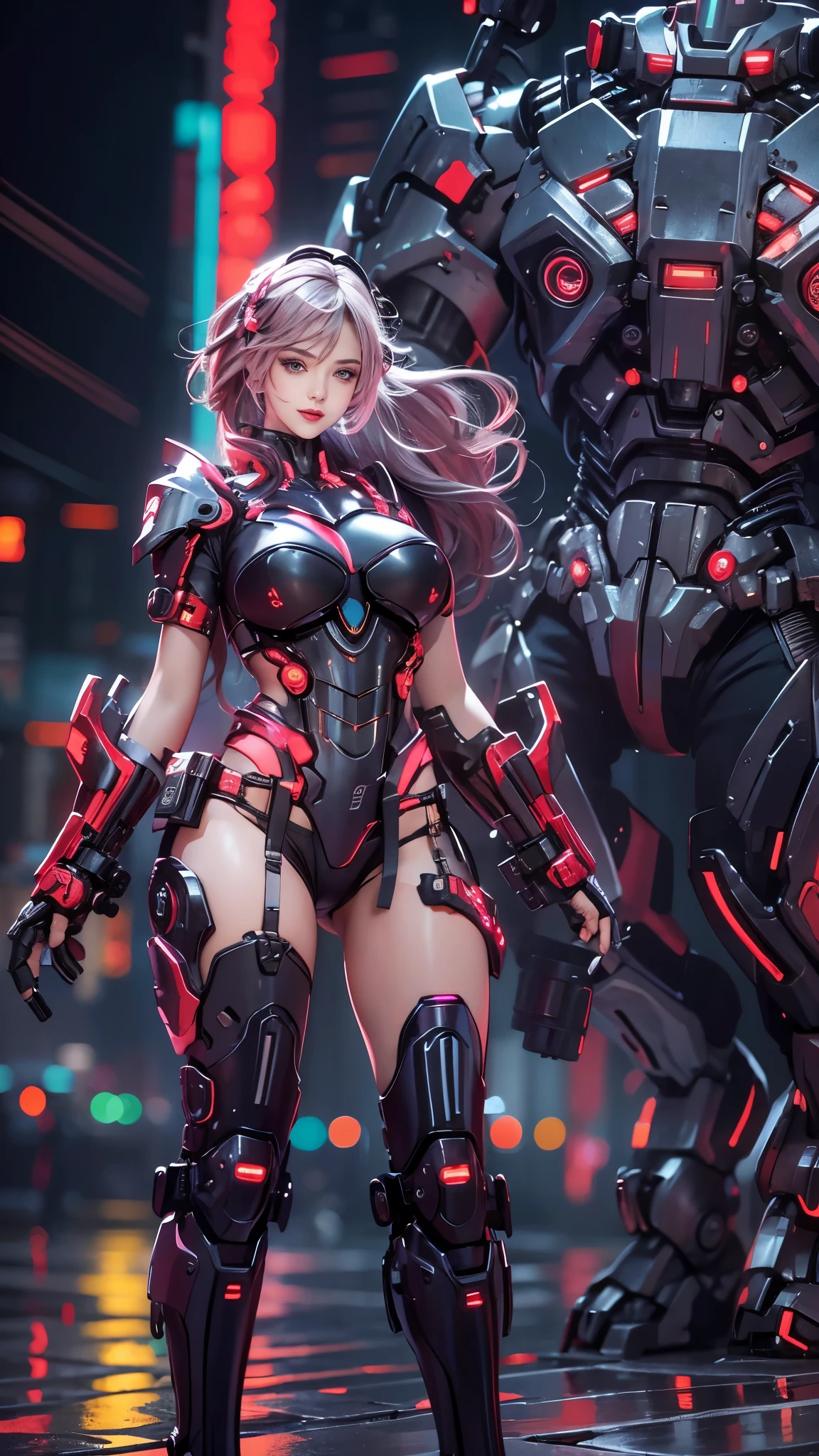 1girl,solo,(bright red lips,eyeliner,blush:0.9),huge breasts,(sagging breasts),happy,smile,looking at viewer,nsfw,pose,cowboy shot,dynamic pose, mecha,full armor,cyberpunk city night,dark theme,rim lighting, masterpiece,official art,best quality,ray tracing,volumetric light,realistic,photorealistic,ultra highres,vivid,nostalgia,bokeh,