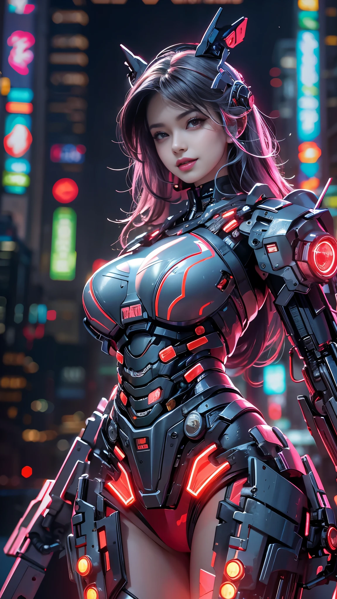 1girl,solo,(bright red lips,eyeliner,blush:0.9),huge breasts,(sagging breasts),happy,smile,looking at viewer,nsfw,pose,cowboy shot,dynamic pose, mecha,full armor,cyberpunk city night,dark theme,rim lighting, masterpiece,official art,best quality,ray tracing,volumetric light,realistic,photorealistic,ultra highres,vivid,nostalgia,bokeh,