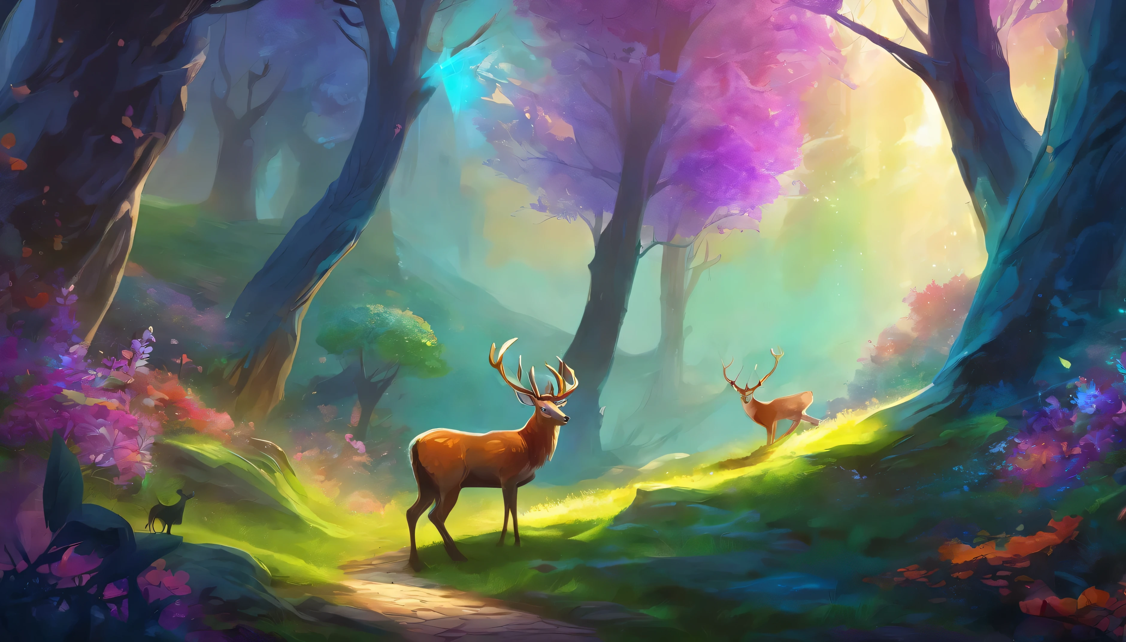 A colorful digital painting illustration conceptual environmental art of a fantasy forest, two deers in the middle near a big purple blueish glowing fantasy crystal rock, on the left there is a tree with blue and purple foliage, Hazy perspective, sunlight filtering through the trees, glowing sika deer, Rich in color, light and shadow effect，k hd，masterpiece，Detailed details，depth of fields Create a cheerful and whimsical atmosphere. Fantasy forest surrounded by lush greenery and colorful flowers)Elevate a captivating and magical environment. The artwork showcases an illustrative style, Inspired by children's book illustrations, Ensures a glamorous and nostalgic touch. Lighting accentuates the picturesque scene, Soft and warm shadows are created that add depth, green grass growing all around, scattered trees and a centered rock staircase leading to the crystal