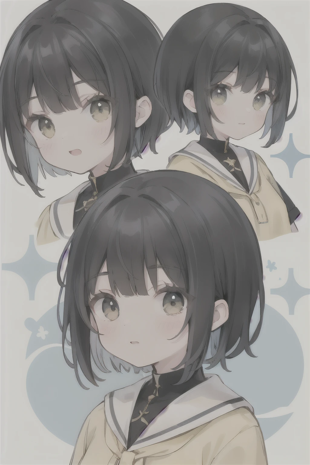 Young woman, black hair, short hair, white eyes, yellow clothes, clothes with blue elements.