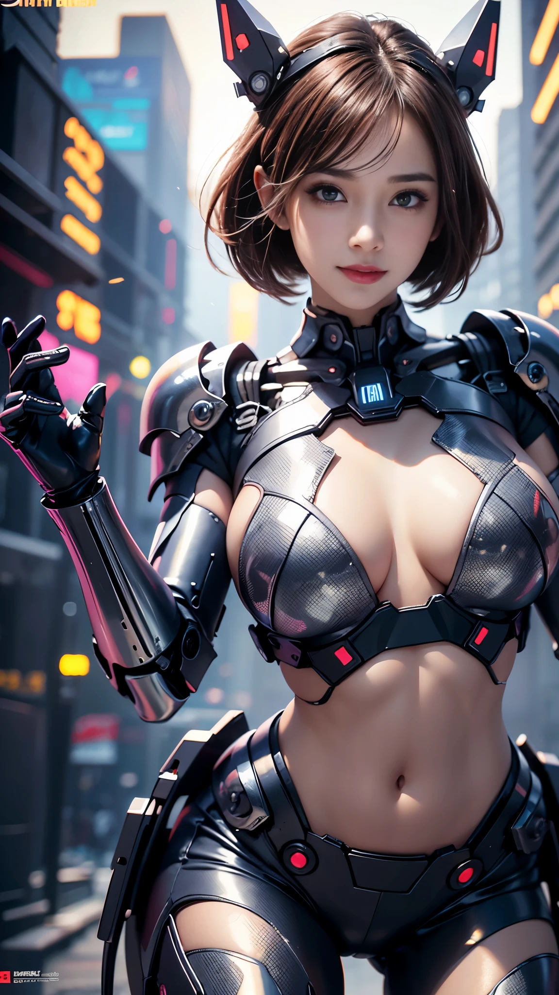 1girl,solo,(bright red lips,eyeliner,blush:0.9),huge ,(sagging breasts,smile,looking at viewer,nsfw,pose,cowboy shot,dynamic pose, mecha,full armor,cyberpunk city night,dark theme,rim lighting, masterpiece,official art,best quality,ray tracing,volumetric light,realistic,photorealistic,ultra highres,vivid,nostalgia,bokeh,