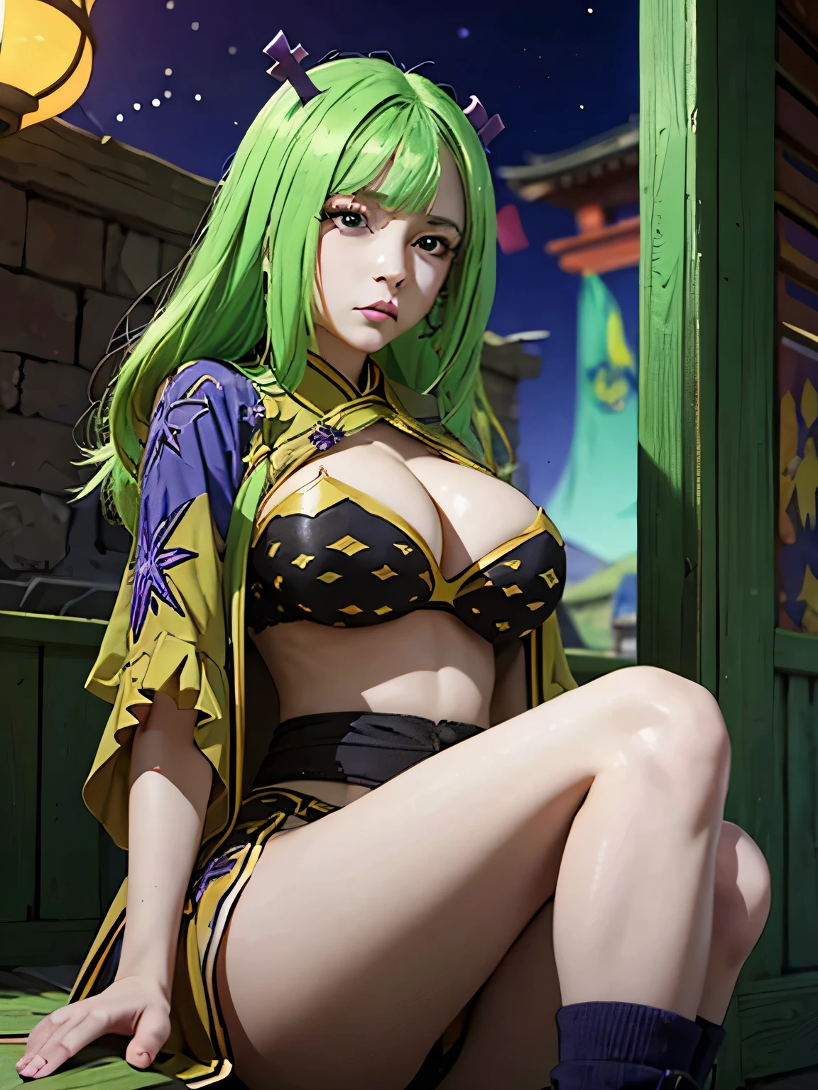 , 1 (Realistic drawing), 8K,ultra,Young woman,light green hair,green eyes,sitting on his knees,I look at the viewer, anime coloring pages, on open air, traditional or waving clothes, (kimono),(Best quality,4k,8K,a high resolution,masterpiece:1.2),realistic,ultra detailed,sexual,Irene Belserion (Fairy Tail)dark green eyes,excited facial expression,((big 1.2)),sitting,severed heads of enemies on the ground,dynamic action pose,power and authority,fatal blows and parries,strong female protagonist,,determination in her eyes,confident and fearless,scenic sunset lighting,Bright colors,muscular build,slim and fit figure,epic fantasy work, sexual