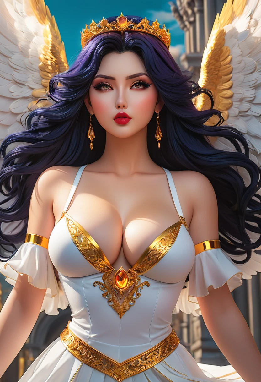 In a mesmerizingly portrayal, thick women busty, a glam-goth goddess angel her Age 28, clean skin,her figure is curvy and well proportional, midriff, trending on cgsociety, epic, trending on artstation, highly detailed, vibrant, production cinematic character render, ultra-high-quality model, golden ratio manhwa, manhua, background mysterious, does not produce same dress ,image when remixed.