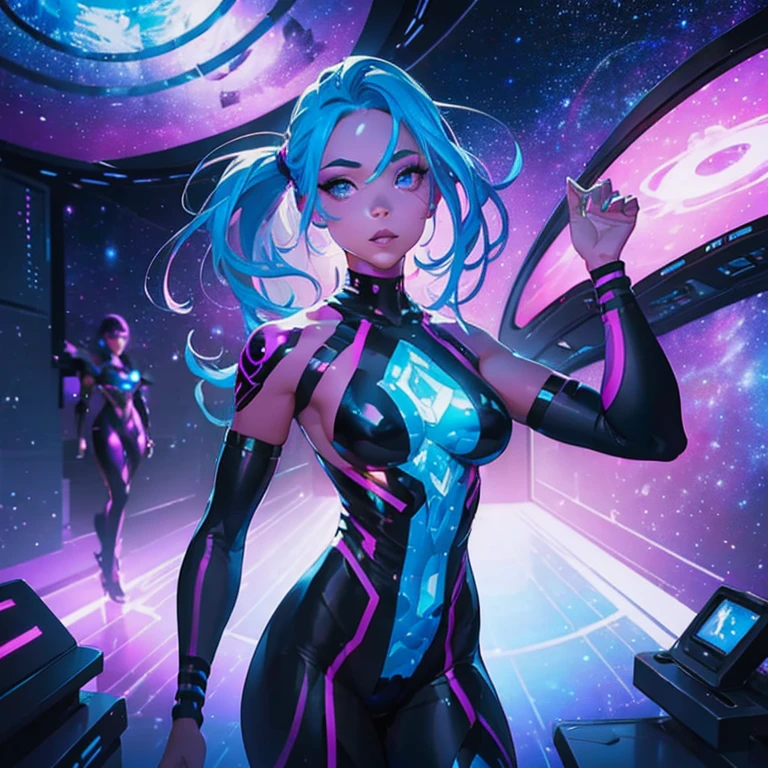 A busty woman, aged 40, from Malaysia, wearing a sexy space micro bikini with a hijab covering her hair, is looking out of a window on her spaceship. The window overlooks a blurred motion of the outside, indicating a high-speed interstellar journey. The woman's confident gaze and the expression on her face suggest a sense of adventure and excitement. The window is surrounded by blinking lights and high-tech gadgets, showcasing the advanced technology and futuristic aesthetic of the spaceship. The lights create a mesmerizing display, illuminating the woman's face and highlighting her intriguing presence. The space suit she wears sexy, small, sleek and form-fitting, emphasizing her curves and adding to the overall sensuality of the scene. The colors in the artwork are vibrant and dynamic, representing the vastness and beauty of the cosmos. Soft, ethereal blues and purples dominate the color palette, with occasional pops of bright and vivid colors. The lighting inside the spaceship is dim and atmospheric, casting dramatic shadows and enhancing the overall ambiance of the scene. The space ship itself is a marvel of engineering and design, with clean lines and futuristic shapes, seamlessly blending function and aesthetics. Overall, the prompt captures a compelling mix of sensuality and high-tech futurism, creating a visually stunning and captivating scene.