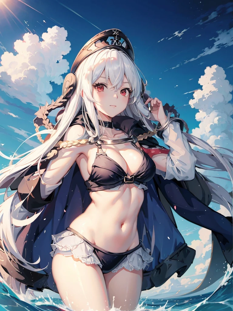 Anime girl in bikini with cloak and hat in the ocean, Charming anime girl, Azure Lane Style, Plow collection style, From the video game Azur Lane, perfect white haired girl, Beautiful, charming anime women, anime goddess, Best konachan anime wallpaper 4k, beautiful anime girl, white haired god, Attractive anime girl, warship