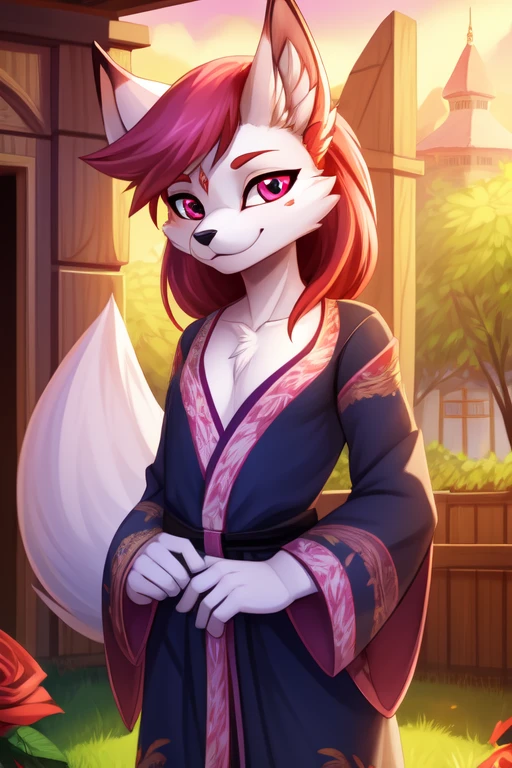 Chemisch, pelzige weibliche Anthropologin, fox girl, white body fur, pinkes Haar, ((rosa Kimono, close kimono)), small breasts, :3, multiple cocks, Mehrschwanz, Allein, body fur, (best quality), filmische Beleuchtung, Betrachter betrachten, Anime-Stil, kurzer Pferdeschwanz, Narbe am Auge, 2d, detaillierter Hintergrund, detaillierter Hintergrund, best quality, Ultra Detail, gute Beleuchtung, Allein, good quality, detailed body, detaillierte Augen, detailliertes Gesicht, Meisterwerk, Glittering body, Shiny body, detailed body fur, best quality, Perfekte Beleuchtung, Perfekte Schatten, perfekte Augen, perfektes Haar, perfektes Gesicht, gorgeous body, :3, klarer Himmel, japanischer Tempel auf Hintergrund, 