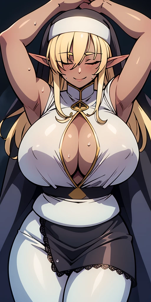 Standing female dark elf skin excited with erect nipples, big breasts, plump, pretty face, thick body, blonde hair, hands covering eyes, seductive expression, showing a happy smile, showing armpits, masterpiece, super mass, 4k quality, high detail, elf mother, black nun turban, lace skirt, cleavage, white tights, hands on the back of the head, lying on the ground, sweat, sweaty, sweaty wet clothes, see-through, water vapor, elevation view, add_detail:1.5