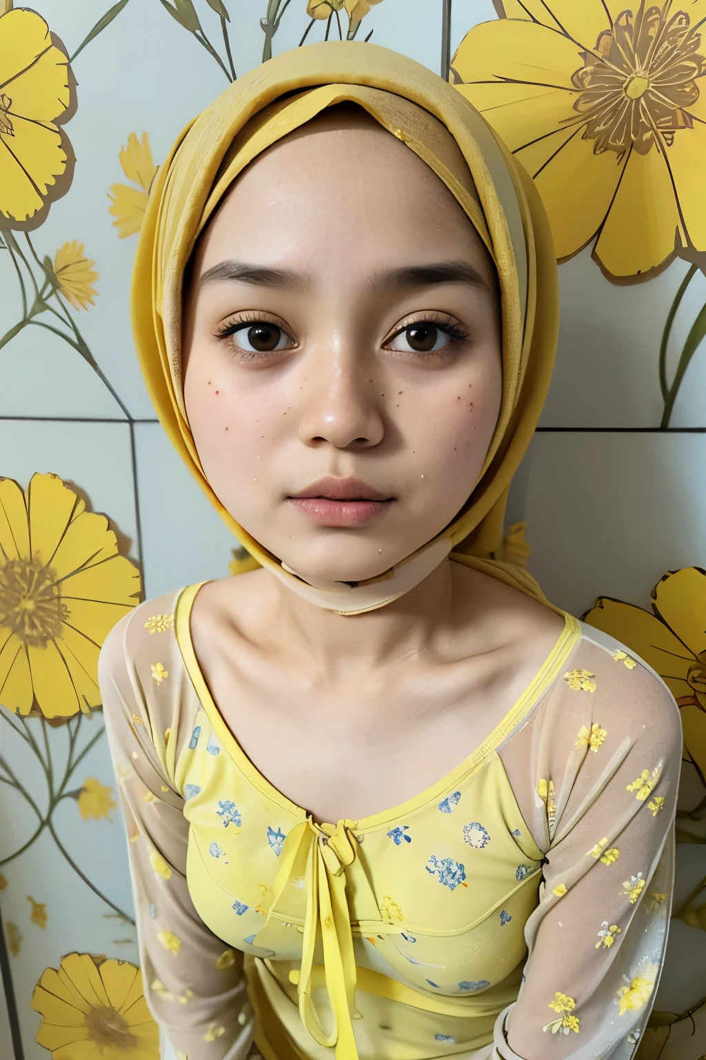 Naked, (((HIJAB MALAY GIRL))), masutepiece, High quality, UHD 32K, Realistic face, Realistic skin feeling , A Japanese Lady, 8 years old, , Very cute and baby-like face, (((FLAT CHEST))), (MATRIX WORLD), ((look In front  at the camera and SADNESS)), ((())), (((CUTE GIRL))), ((YELLOW LIPS)), ((wering lingerie Floral Pattern))