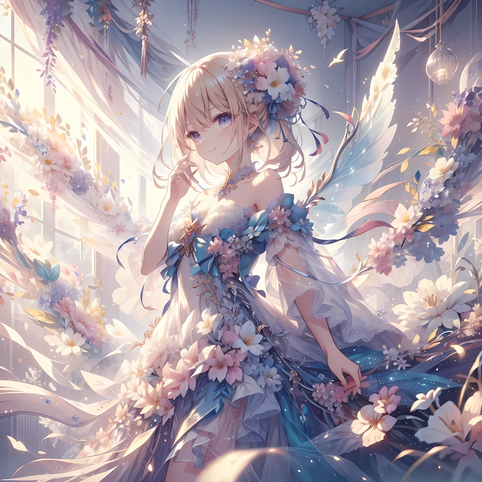 (best quality, masterpiece, Ultra Detailed, Very detailed, Beautifully, 16K,Full HD),A little closer,Golden Ratio,Dramatic Lighting,Pastel colors,looking happy,fly in the sky,soft light, ((Solitary:1.5)),(Blue sky,morning sky,Sunlight),Enchanted Forest,flower,wood,Flower Field,Leaves and petals fluttering,from above,((head shot)),Flowers filling the screen,(fairy princess, Purple Eyes, Long eyelashes,White skin,Slim,Pale pink plump lips,Pale pink cheeks, The wind is blowing,Blonde,Slender,(Thin and high nose,Small nose),(From above her waist, a giant fairy wing),The magic of flower,flower tiara,diamond earrings,Diamond necklace,(White ball gown dress with flower petal motif, A dress decorated with flowers,Lace and ruffles),(Smile:1.2), (fantasy, romantic atmosphere),