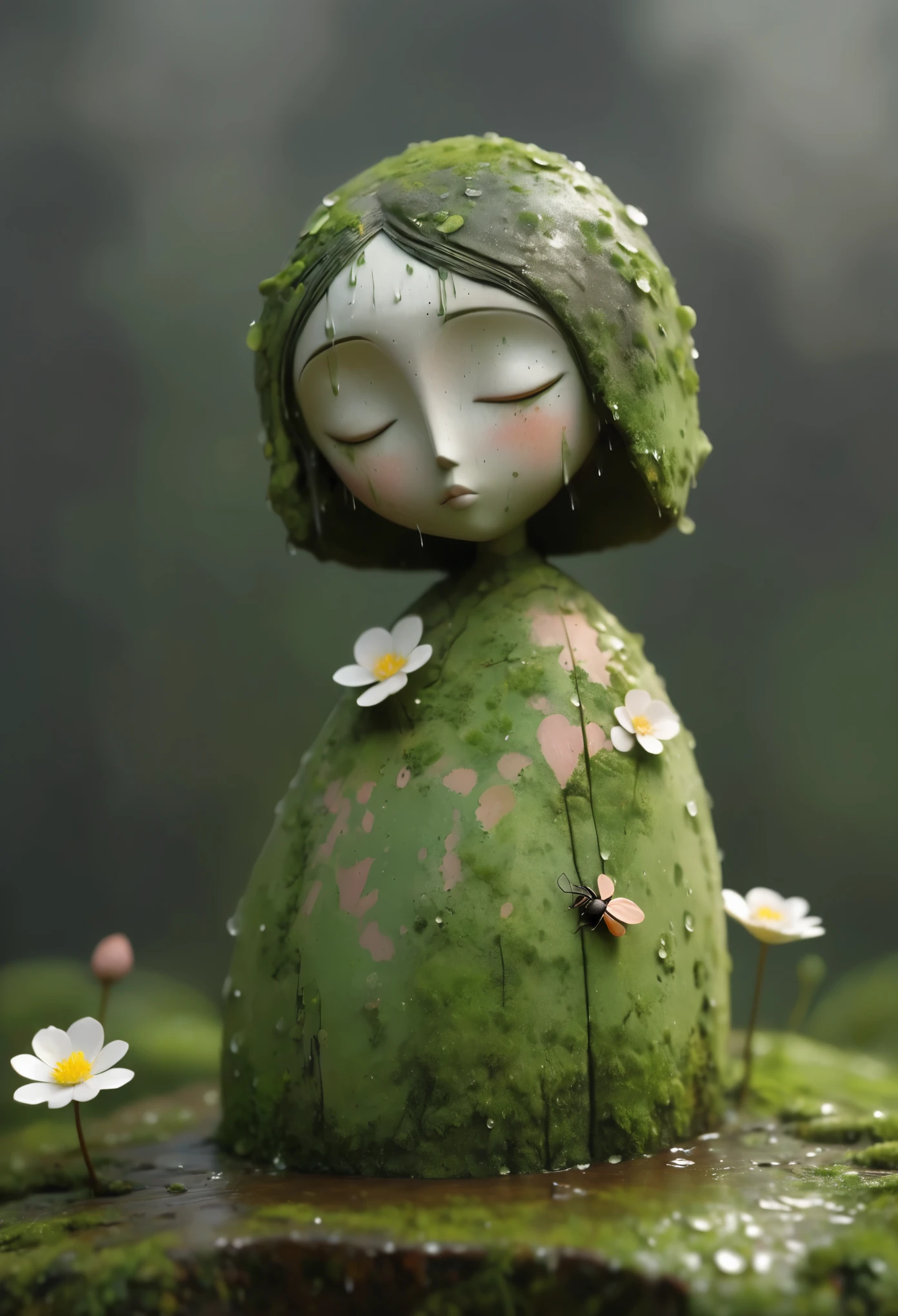 Abandoned clay sculpture,Minimalist Sculpture,3D, 1 girl, solitary, blush,Rough surface,Surface patterns and textures,Surface scratches,grainy,old,shattered。moss,rain,A small white flower,an ant