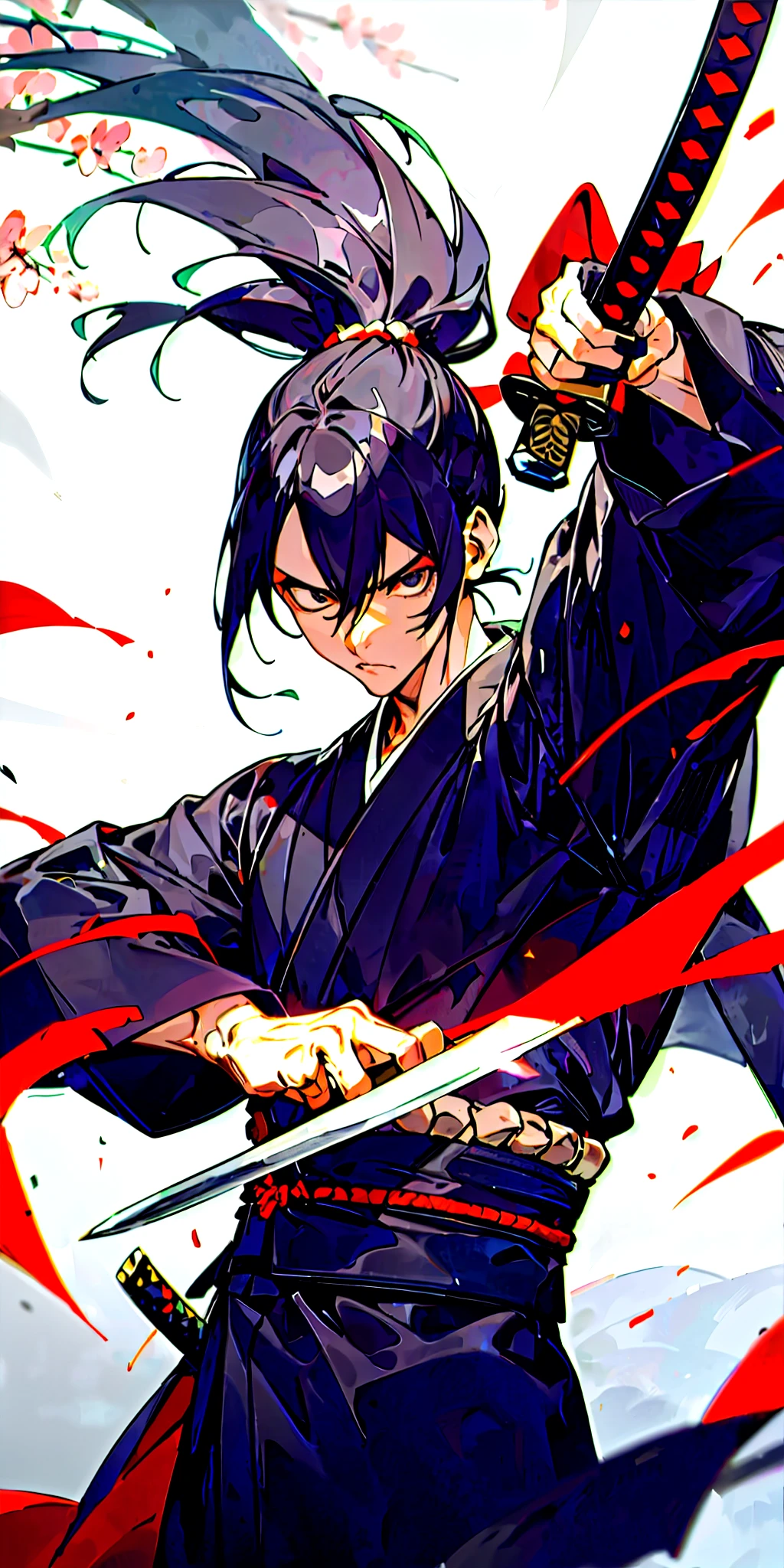 Um homem, espadachim, kimono preto, cabelos longos preto, segurando katana, poder das trevas, melhor qualidade, homem forte, serious face, serious look, katana escura, folhas de sakura, arvores de sakura, rosto jovem, katana das trevas, Power of darkness