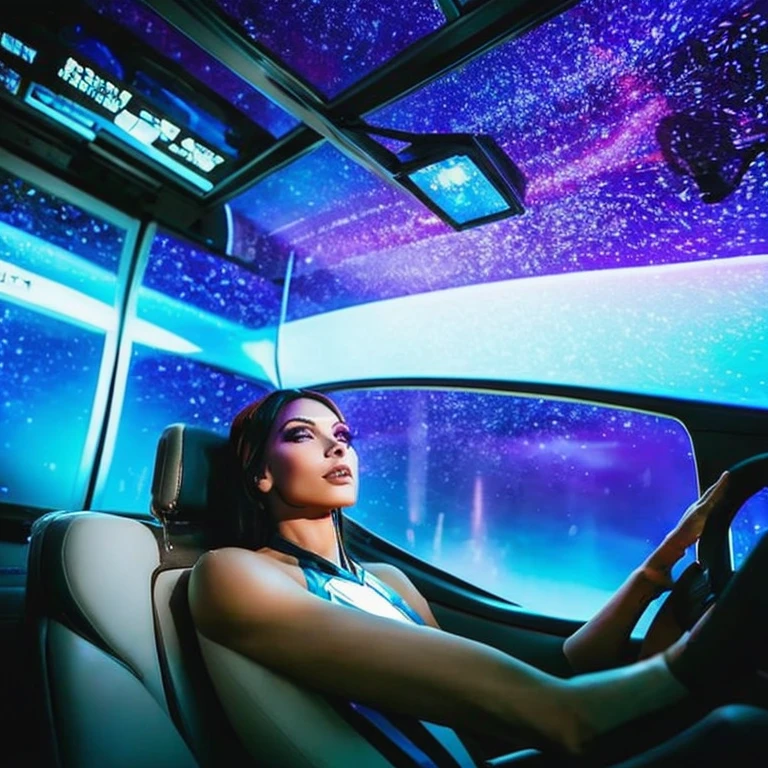 A busty woman, aged 40, from Malaysia, wearing a sexy space micro bikini with a hijab covering her hair, is looking out of a window on her spaceship. The window overlooks a blurred motion of the outside, indicating a high-speed interstellar journey. The woman's confident gaze and the expression on her face suggest a sense of adventure and excitement. The window is surrounded by blinking lights and high-tech gadgets, showcasing the advanced technology and futuristic aesthetic of the spaceship. The lights create a mesmerizing display, illuminating the woman's face and highlighting her intriguing presence. The space suit she wears sexy, small, sleek and form-fitting, emphasizing her curves and adding to the overall sensuality of the scene. The colors in the artwork are vibrant and dynamic, representing the vastness and beauty of the cosmos. Soft, ethereal blues and purples dominate the color palette, with occasional pops of bright and vivid colors. The lighting inside the spaceship is dim and atmospheric, casting dramatic shadows and enhancing the overall ambiance of the scene. The space ship itself is a marvel of engineering and design, with clean lines and futuristic shapes, seamlessly blending function and aesthetics. Overall, the prompt captures a compelling mix of sensuality and high-tech futurism, creating a visually stunning and captivating scene.