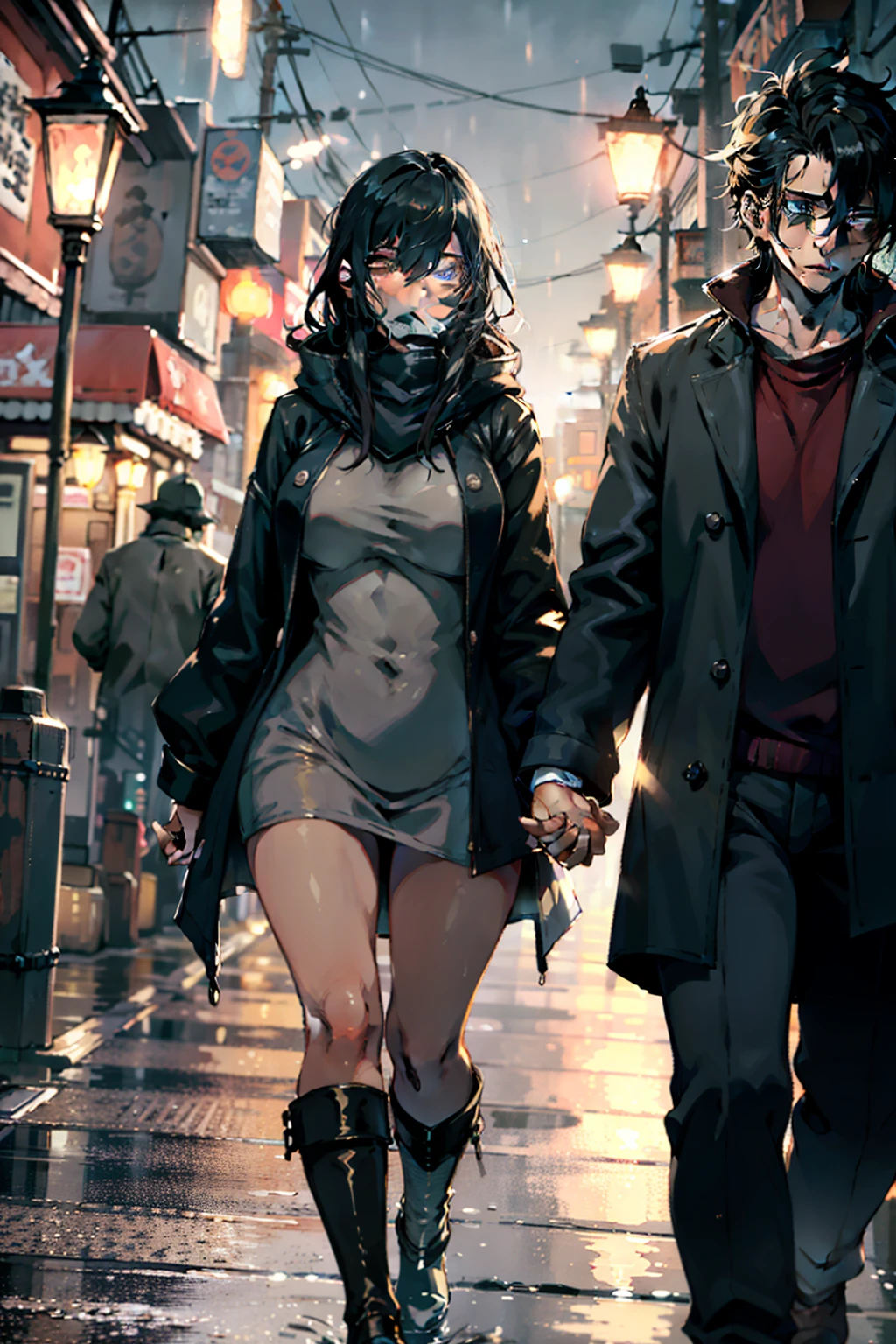 Amidst the quiet night, a tall boy with broad shoulders and a strong built, clad in a rain-soaked coat, walks hand in hand with a short, thick girl, her curves accentuated by her snug raincoat. The pair's love shines through the darkness, as they navigate their way through the dimly lit shadows on a wet, slick street. Street lamps pierce the night, casting a warm, golden glow on their determined faces, as they leave behind puddles and raindrops in their wake. The intricate details of their textures and expressions are captured in this stunning, high-resolution image. This exquisitely detailed CG Unity 8K