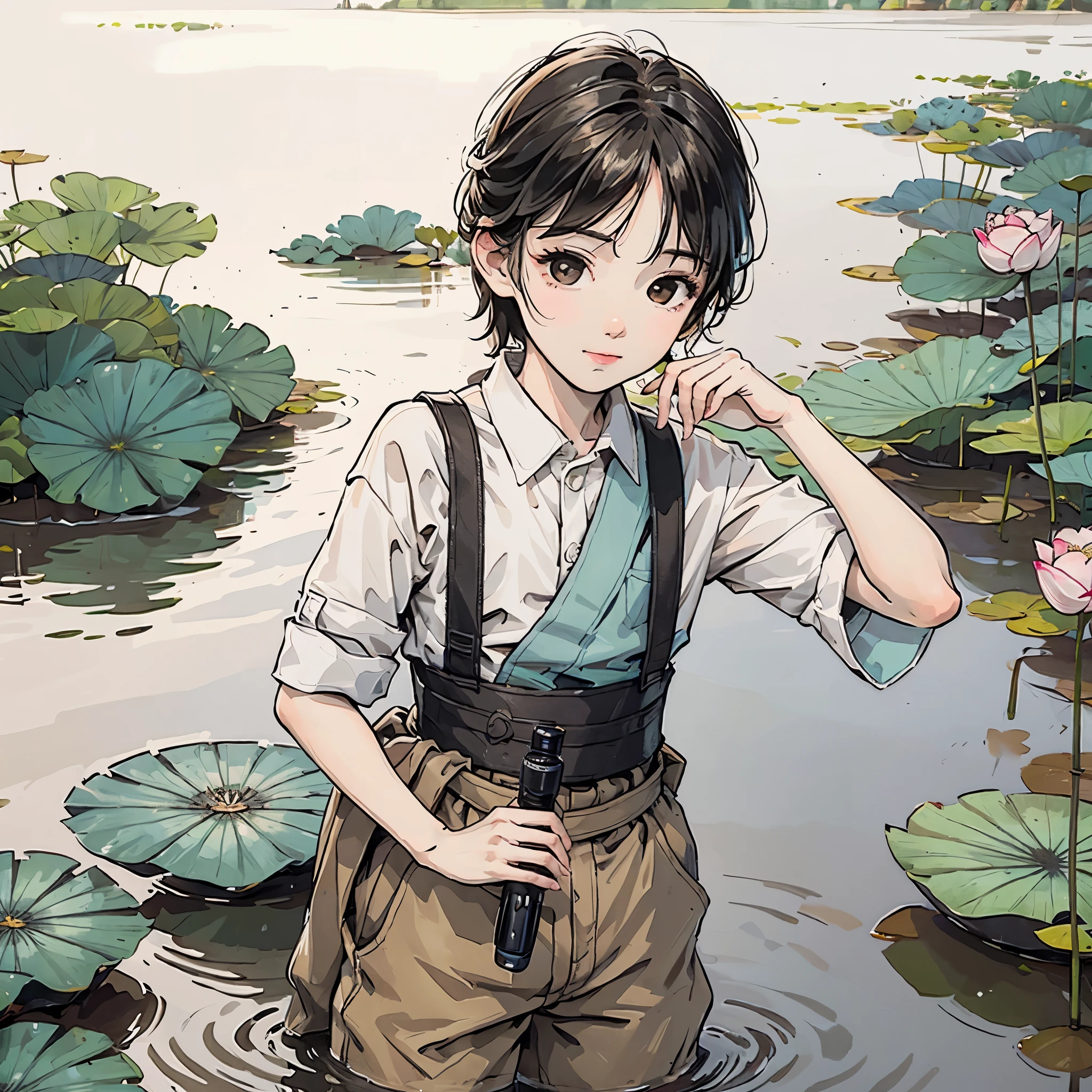 A young boy is leaning sideways holding a camera with a lotus pond in the background