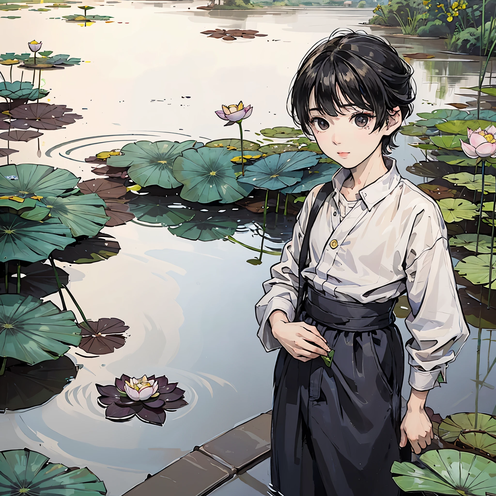 A young boy is leaning sideways holding a camera with a lotus pond in the background