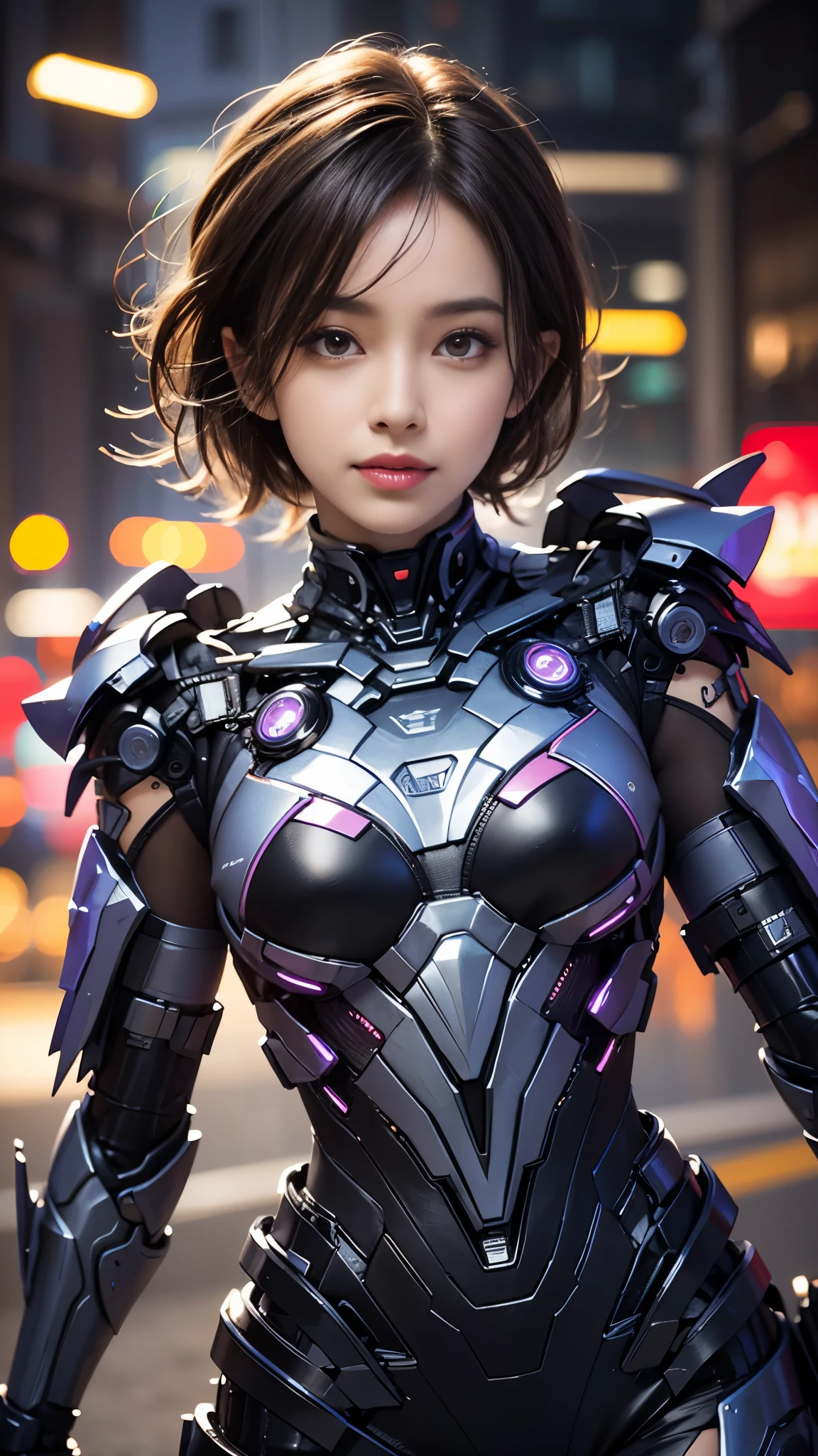 1girl,solo,(bright red lips,eyeliner,blush:0.9),huge breasts,(sagging breasts),happy,smile,looking at viewer,nsfw,pose,cowboy shot,dynamic pose, mecha,full armor,cyberpunk city night,dark theme,rim lighting, masterpiece,official art,best quality,ray tracing,volumetric light,realistic,photorealistic,ultra highres,vivid,nostalgia,bokeh,