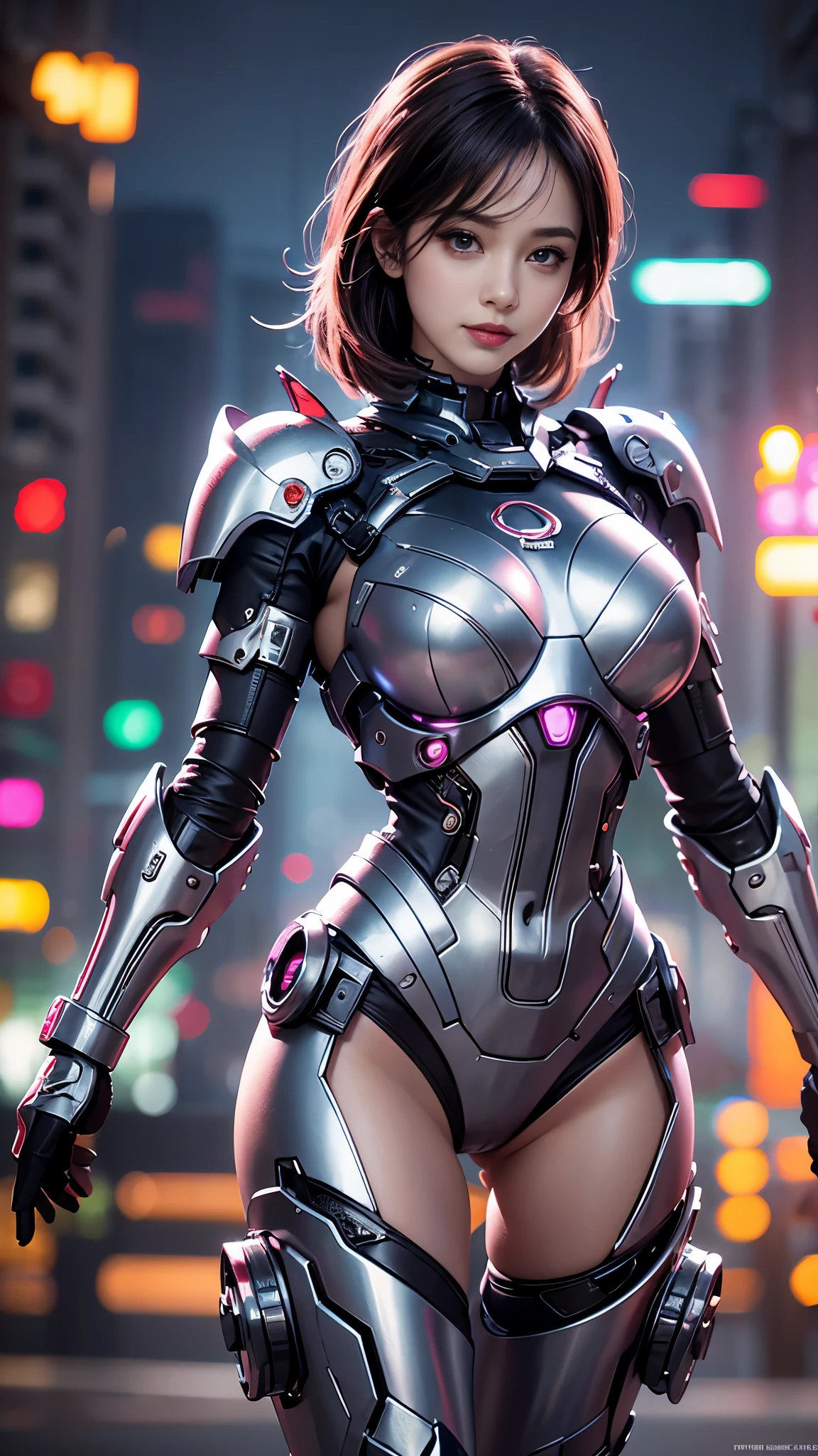 1girl,solo,(bright red lips,eyeliner,blush:0.9),huge breasts,(sagging breasts),happy,smile,looking at viewer,nsfw,pose,cowboy shot,dynamic pose, mecha,full armor,cyberpunk city night,dark theme,rim lighting, masterpiece,official art,best quality,ray tracing,volumetric light,realistic,photorealistic,ultra highres,vivid,nostalgia,bokeh,