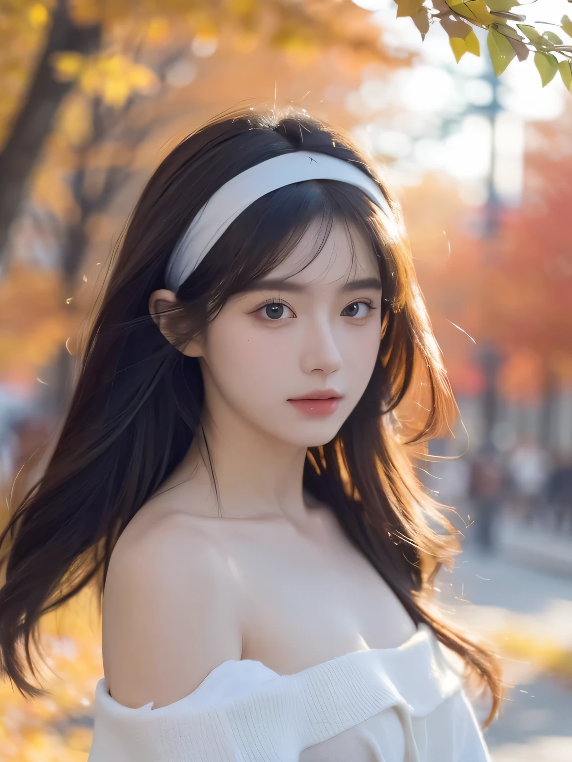 (8k, best quality, masterpiece:1.2),(best quality:1.0), (Ultra-high sharpness:1.0), watercolor, A beautiful woman, b shoulder, Headband, author:Agnes Cecil, shattered, Extremely luminous and bright design, Soft colors, (ink:1.3), Autumn Lights,