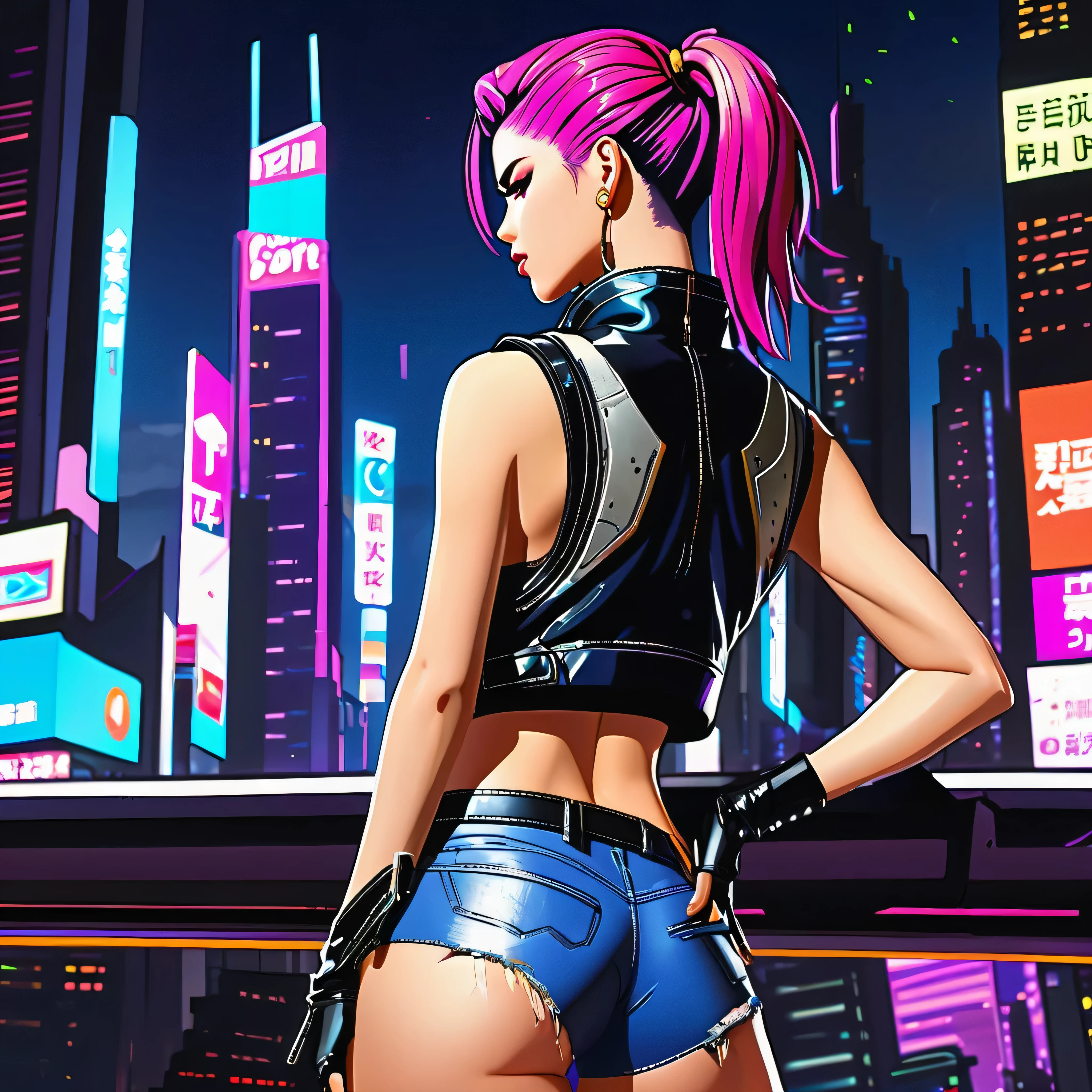 ((1 girl:1.3, solo))、absurdres, ultra-detailliert, digitial illustration, Meticulously drawn hair, Meticulously drawn eye, Glossy realistic skin texture、Smooth texture、shiny skin、Sexy body, ((cyberpunk))、((jojo posing:1.3))、((arched back))、glaring look、((Being in midnight city:1.2))、((back view:1.5))、((sleeveless:1.2))、((torn and ripped:1.3, hot pants:1.4, highleg:1.4))、((latex))、((crop top navel:1.2))、((wedgie:1.2))、((huge hip:1.3))、Sharp Focus, full body