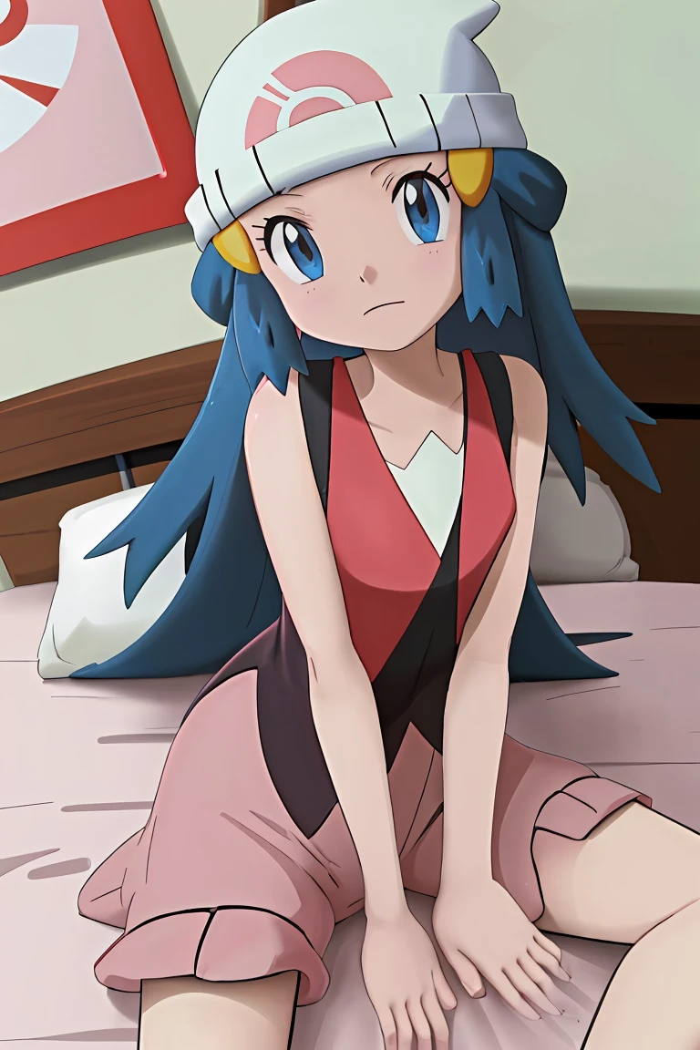 masutepiece, Best Quality, hight resolution, on bed, 1girl , Solo, dawn(The pokemon), (((laying 1.3))) ,((looking_at_viewer)) 